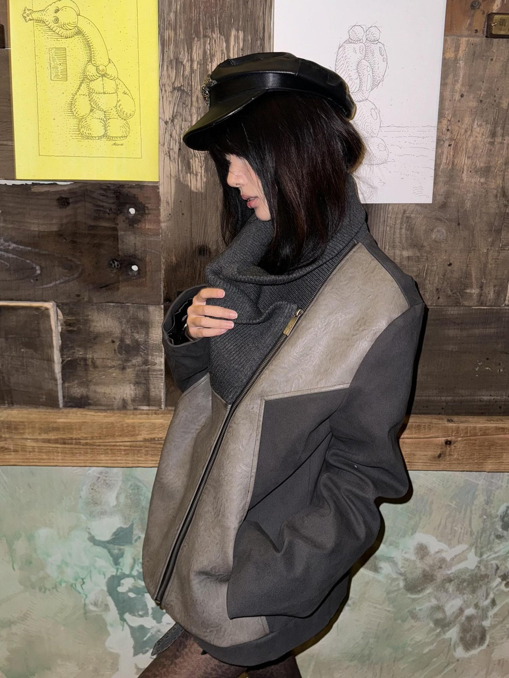 Imdelusion Vintage Spliced Oversized Lapel Faux Leather Women's Leather Jackets