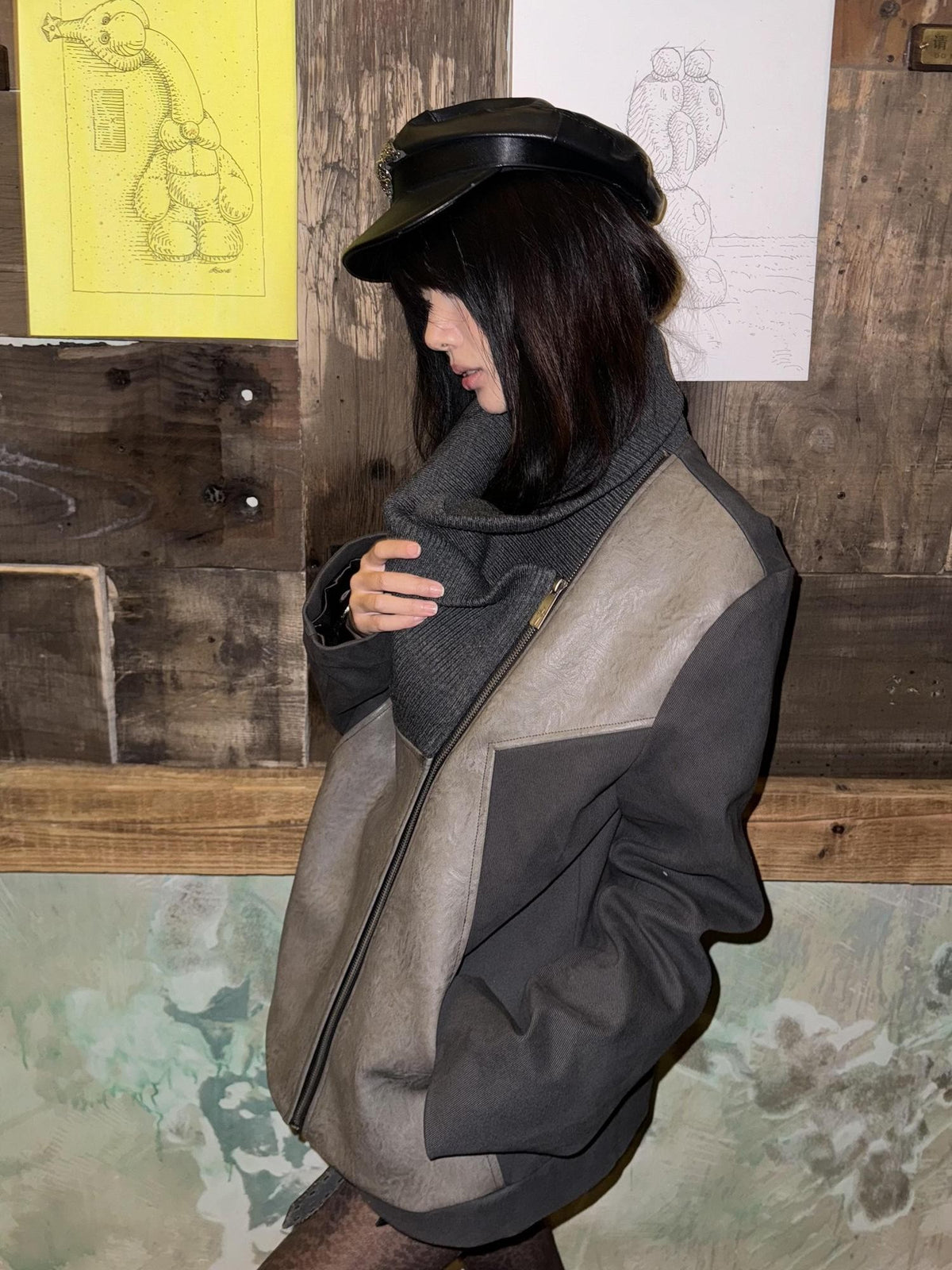 Imdelusion Vintage Spliced Oversized Lapel Faux Leather Women's Leather Jackets