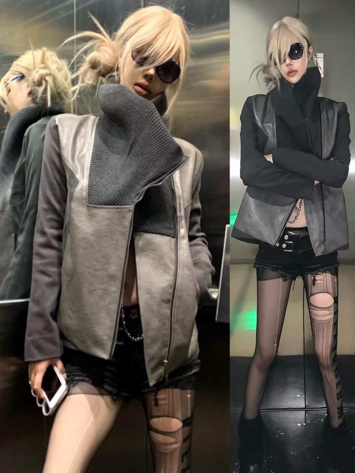 Imdelusion Vintage Spliced Oversized Lapel Faux Leather Women's Leather Jackets