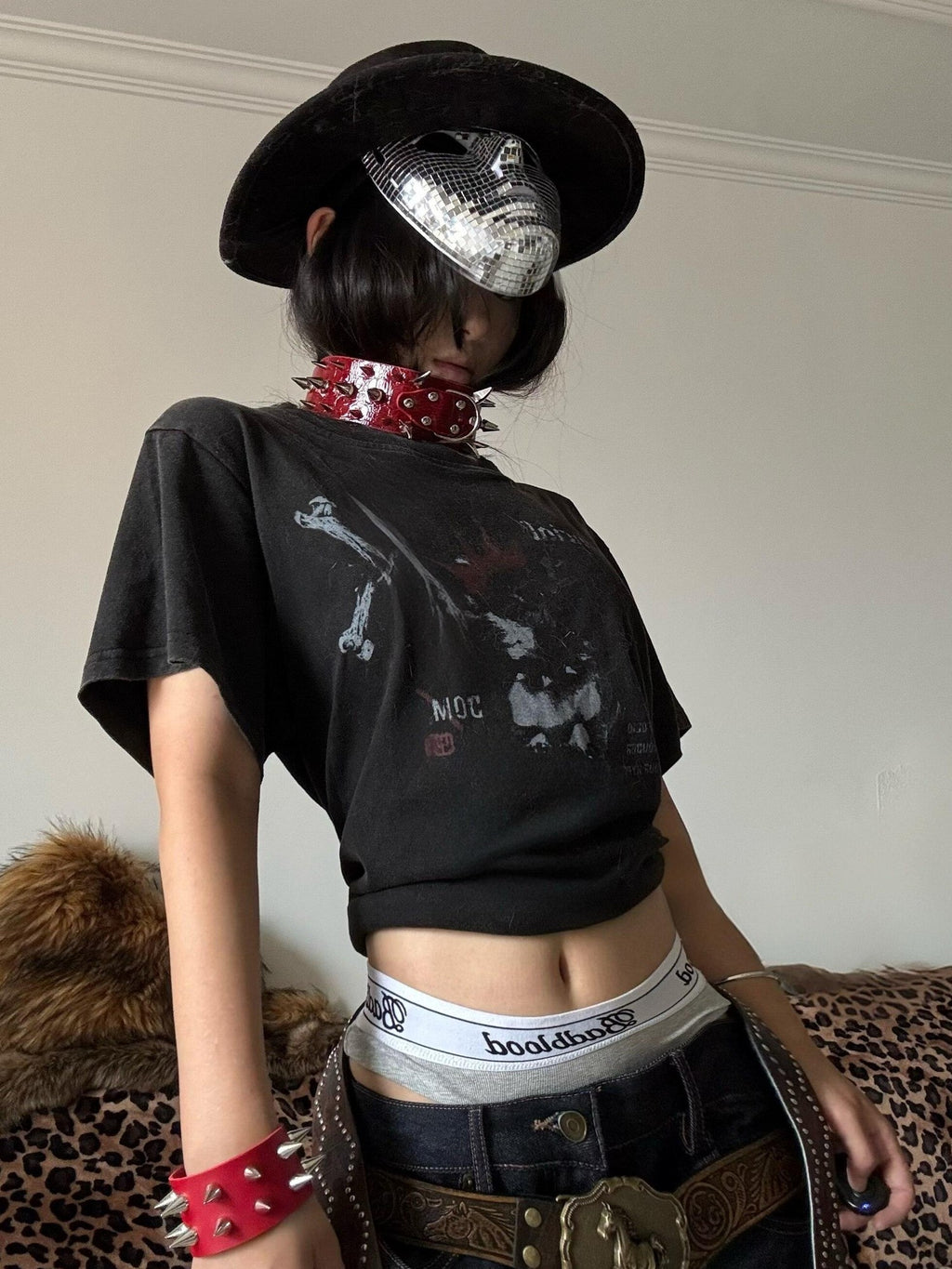 Imdelusion Washed Cropped Slim Punk Dog Print Cute Women's Cotton Short Sleeve T-shirts