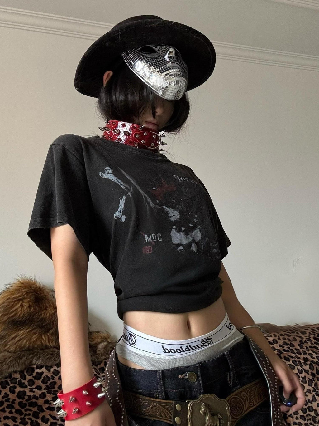 Imdelusion Washed Cropped Slim Punk Dog Print Cute Women's Cotton Short Sleeve T-shirts