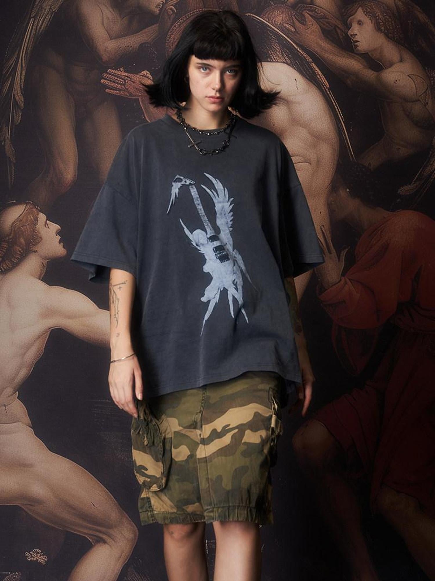 Imdelusion Washed Gray Angel Guitar Print Women's Pure Cotton Short Sleeve T-shirts