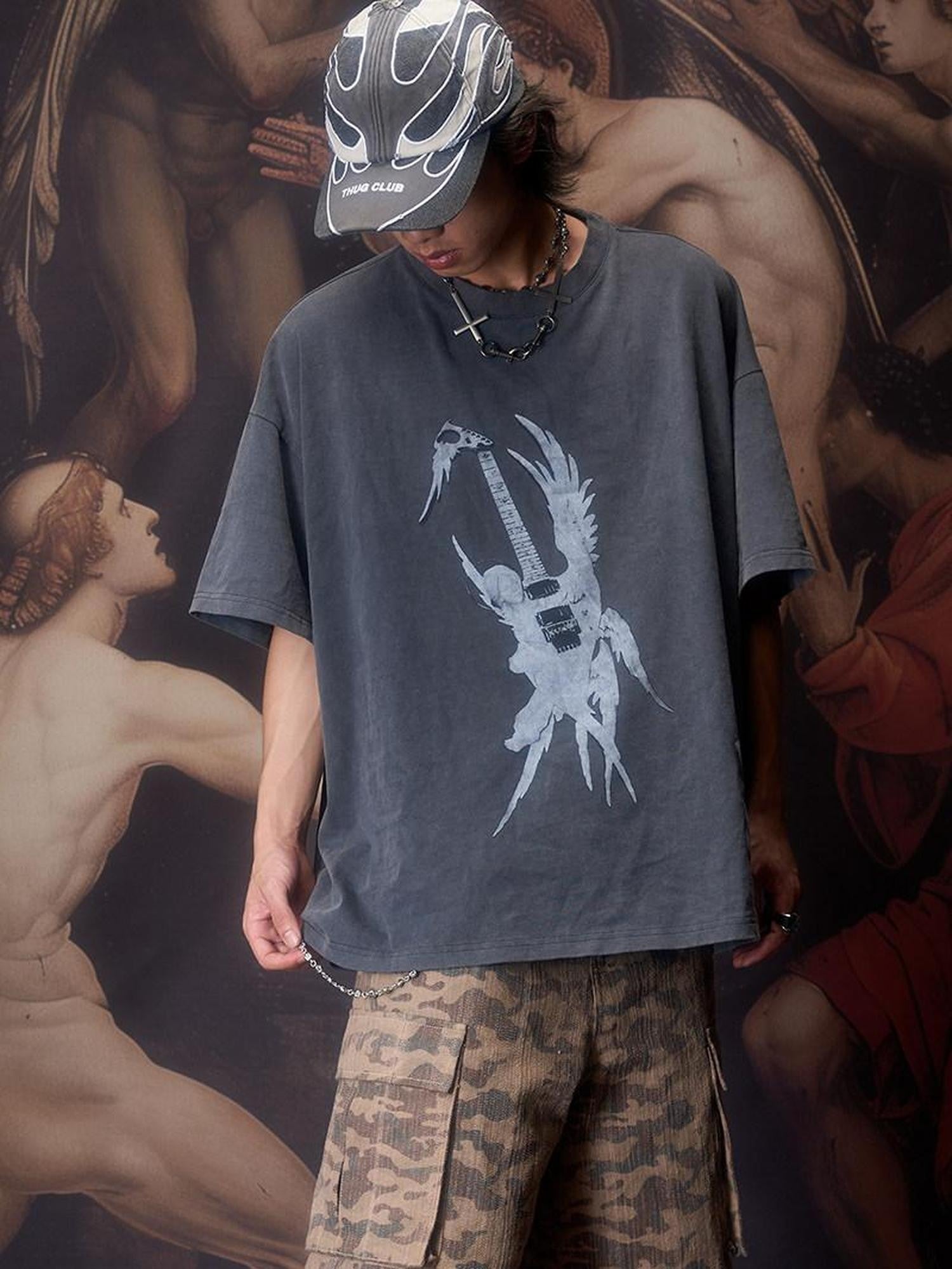 Imdelusion Washed Gray Angel Guitar Print Women's Pure Cotton Short Sleeve T-shirts