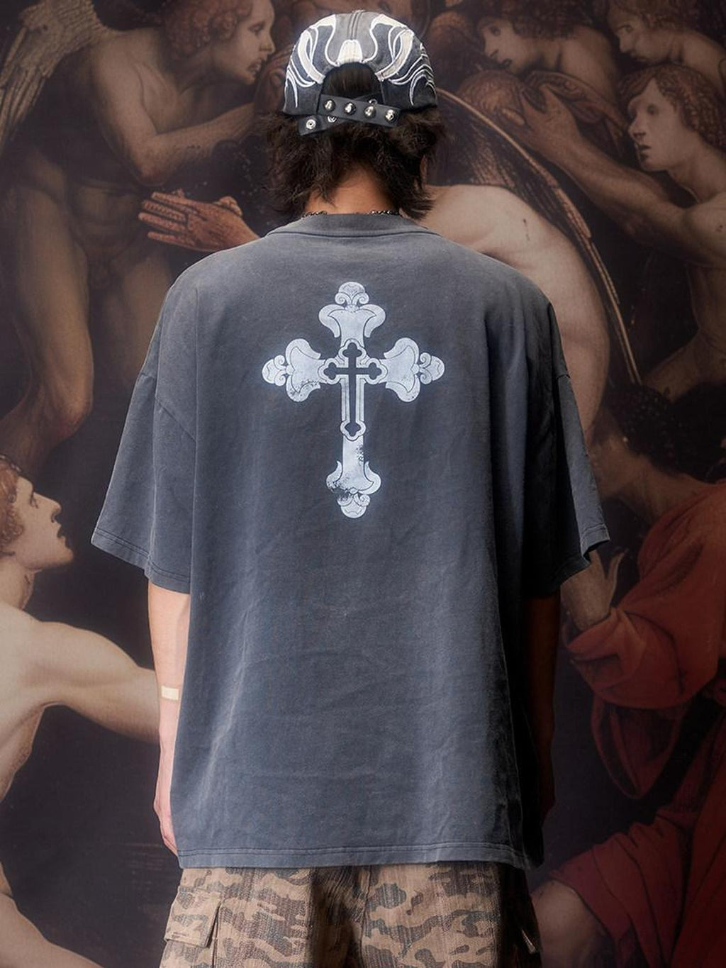 Imdelusion Washed Gray Angel Guitar Print Women's Pure Cotton Short Sleeve T-shirts