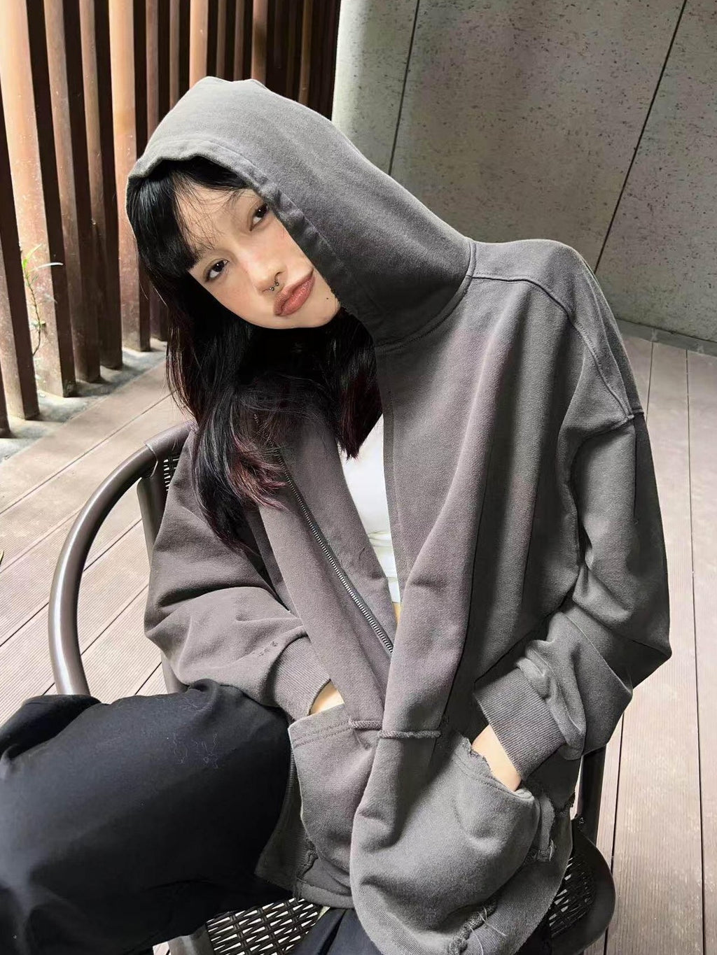 Imdelusion Washed Grey Black Distressed Women's 100 Percent Cotton Zip-up Hoodies