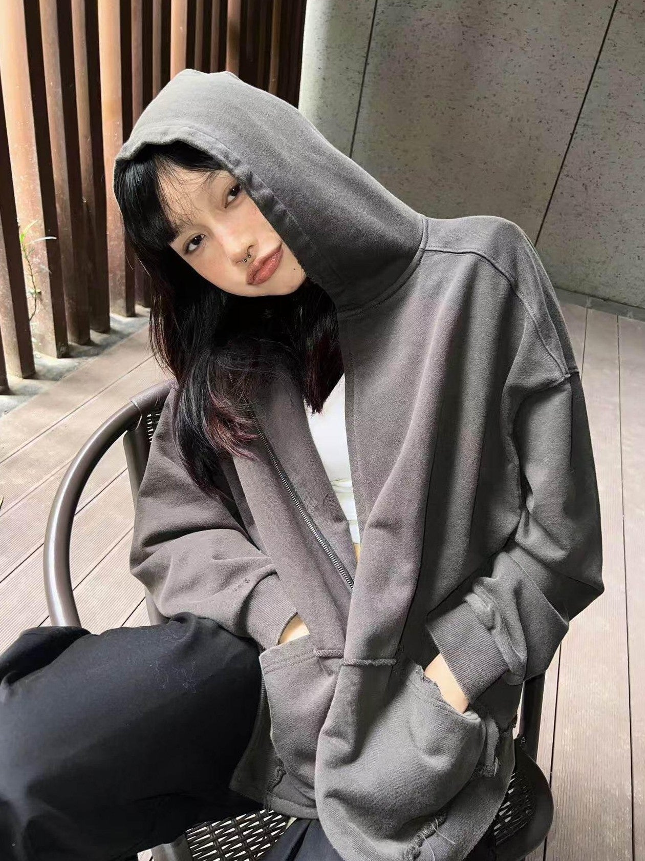 Imdelusion Washed Grey Black Distressed Women's 100 Percent Cotton Zip-up Hoodies