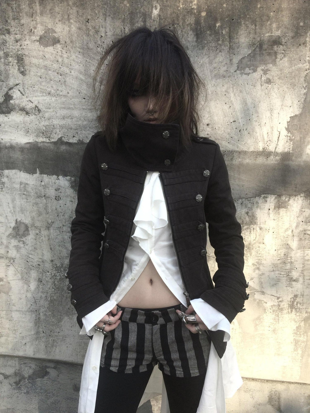 Imdelusion Washed Punk Napoleon Cowl Collar Women's Cotton Slim Heavyweight Casual Jackets