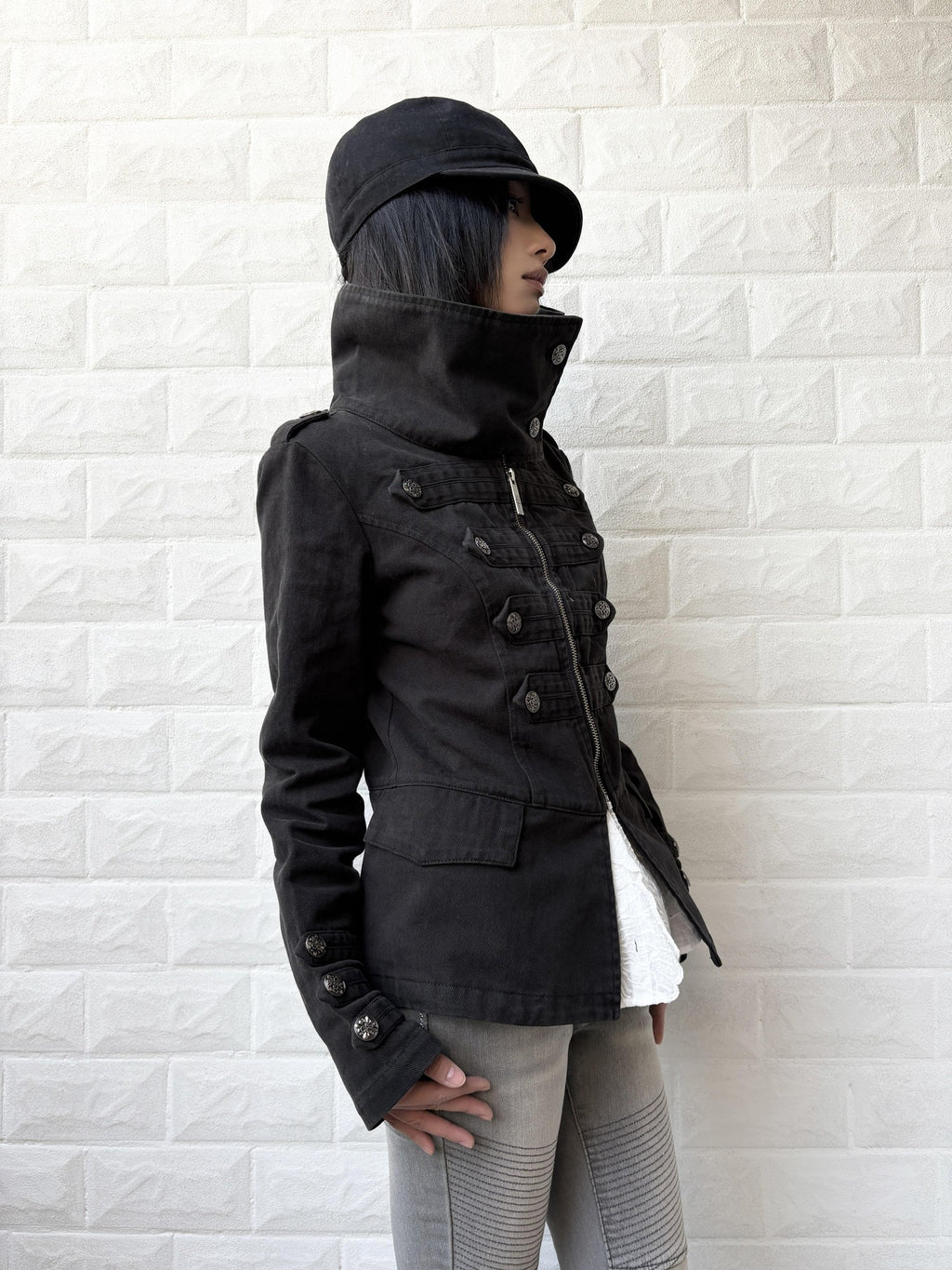 Imdelusion Washed Punk Napoleon Cowl Collar Women's Cotton Slim Heavyweight Casual Jackets