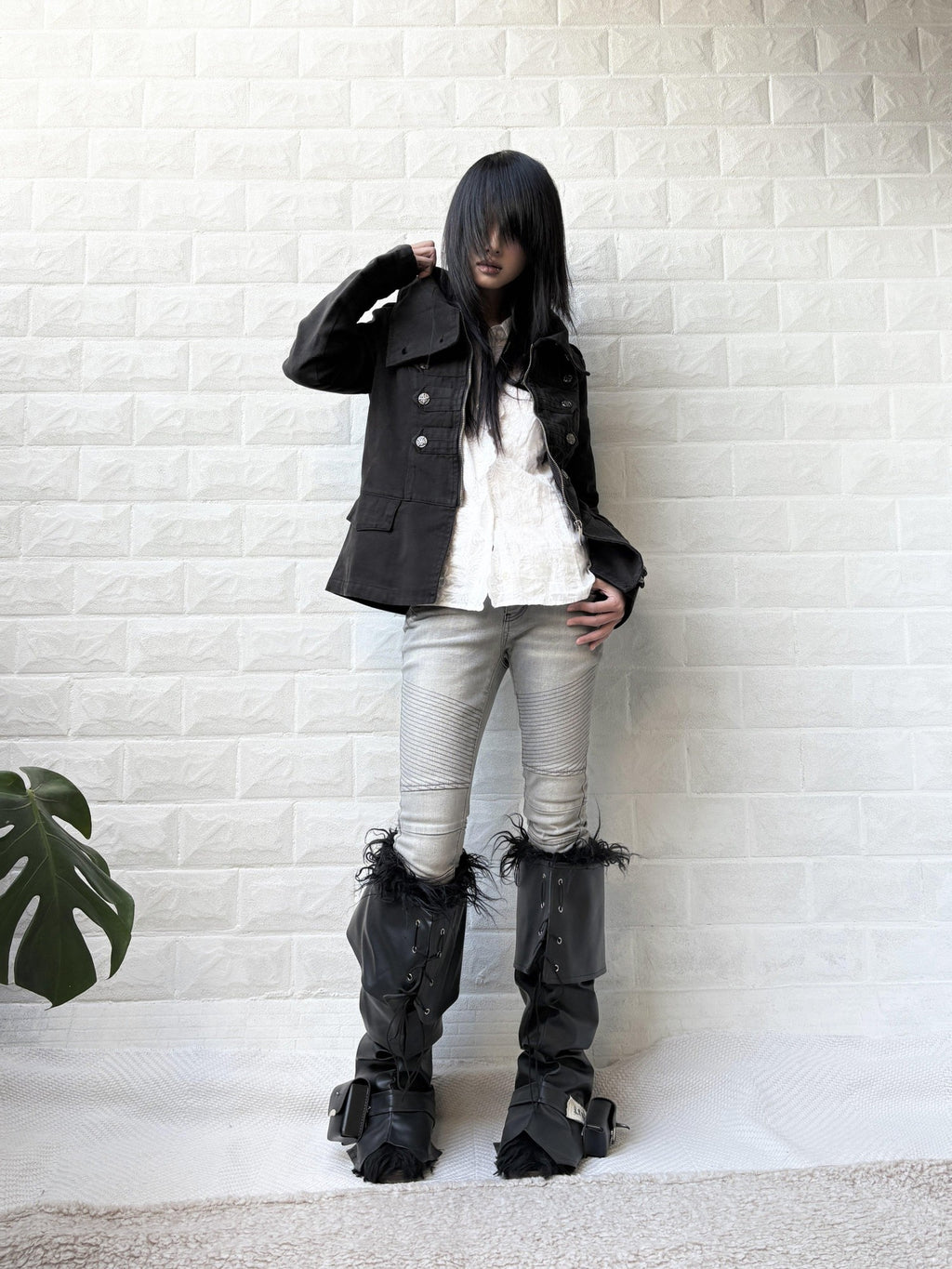 Imdelusion Washed Punk Napoleon Cowl Collar Women's Cotton Slim Heavyweight Casual Jackets