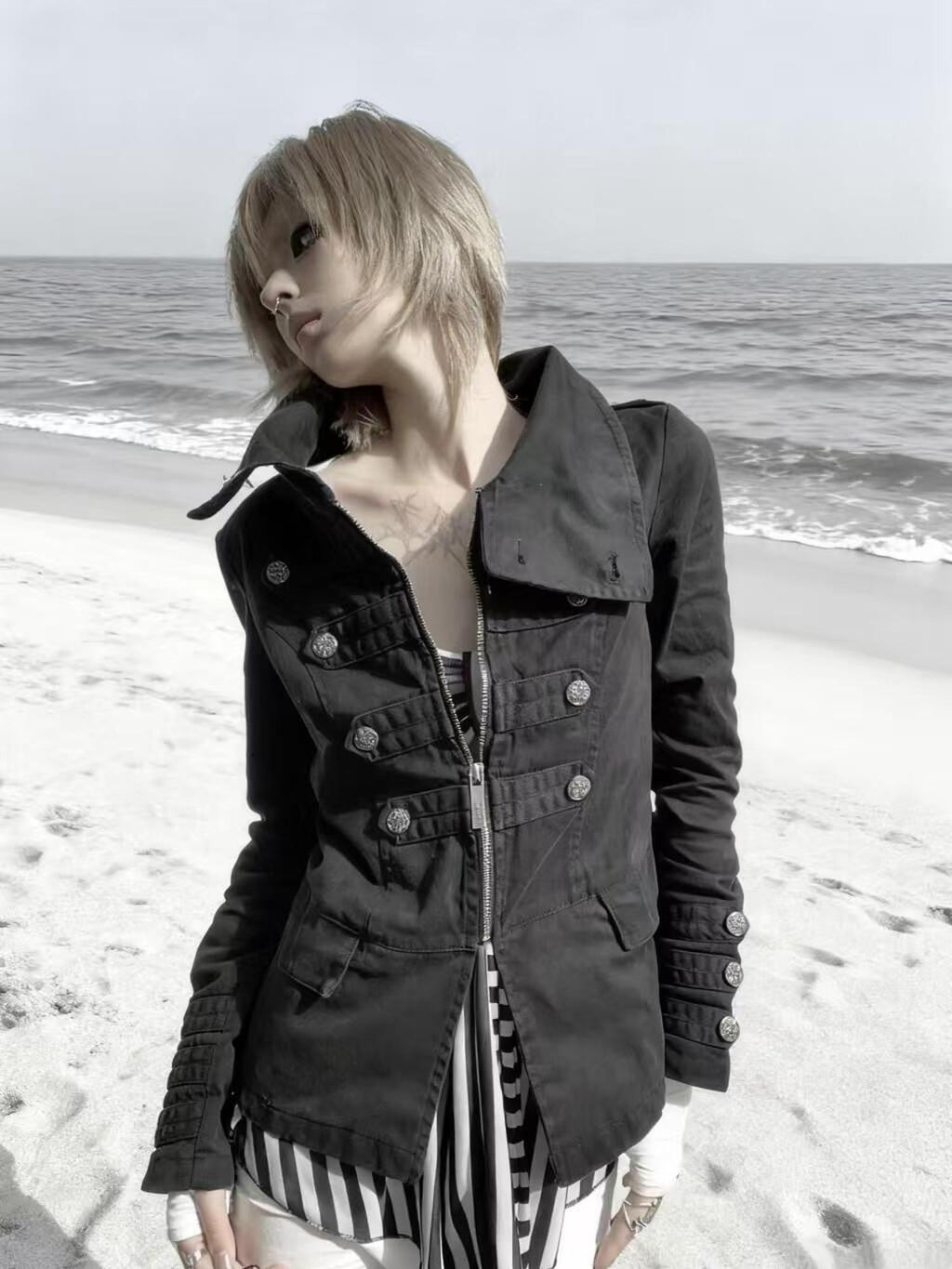 Imdelusion Washed Punk Napoleon Cowl Collar Women's Cotton Slim Heavyweight Casual Jackets