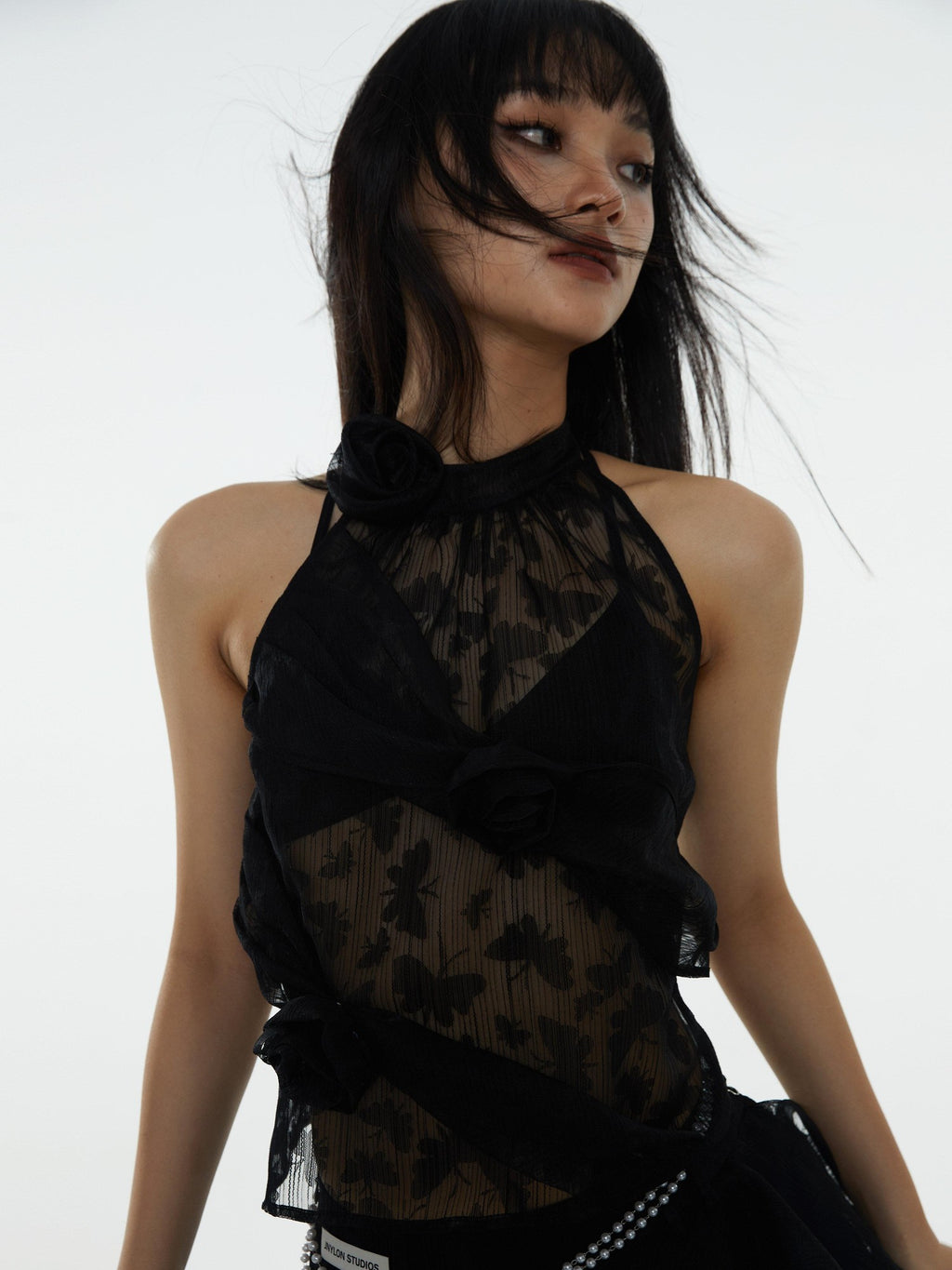Jnylon studios 3d Night Rose Jacquard Ruffle A Line Women's Black Mini Skirts