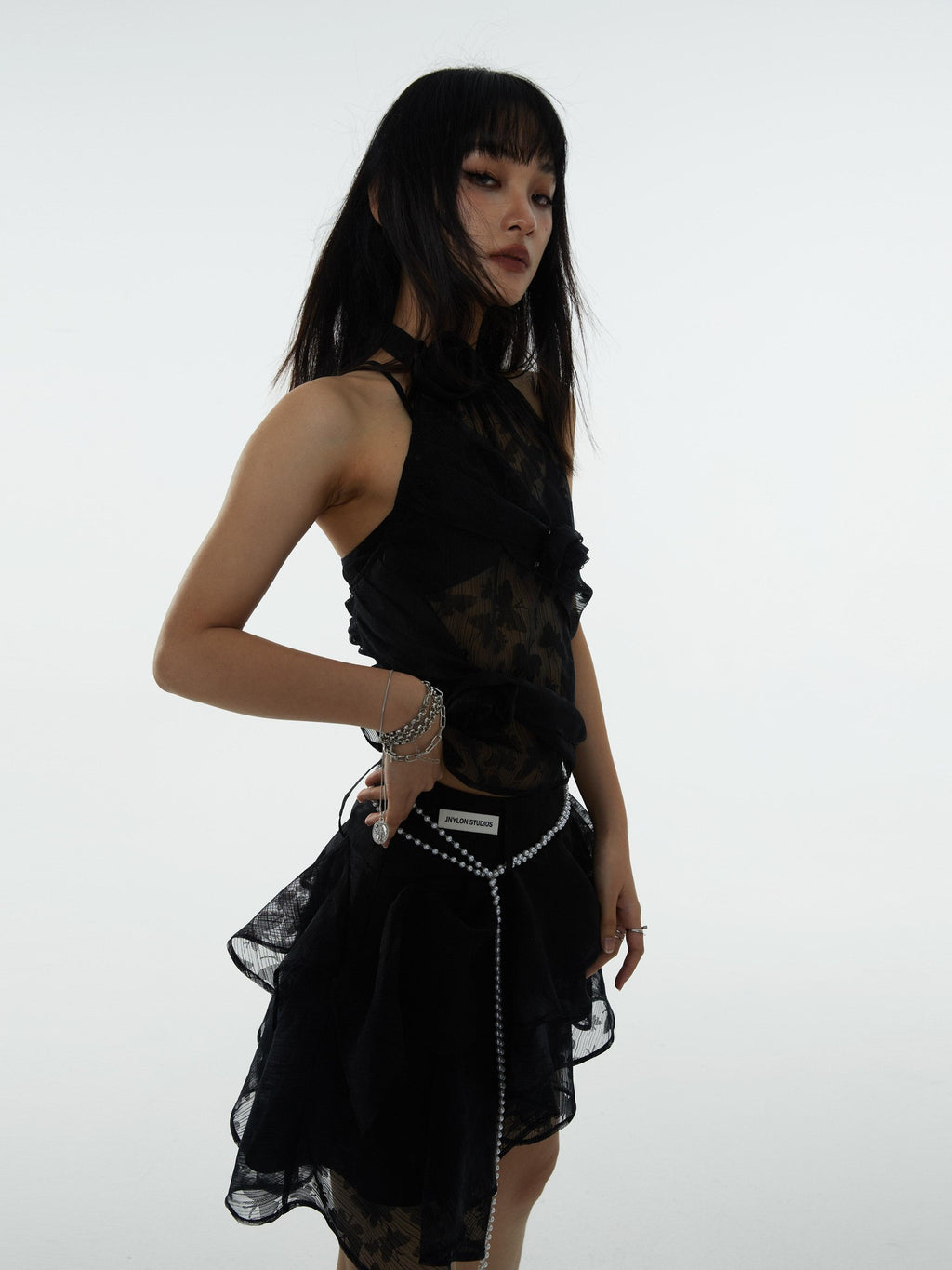 Jnylon studios 3d Night Rose Jacquard Ruffle A Line Women's Black Mini Skirts