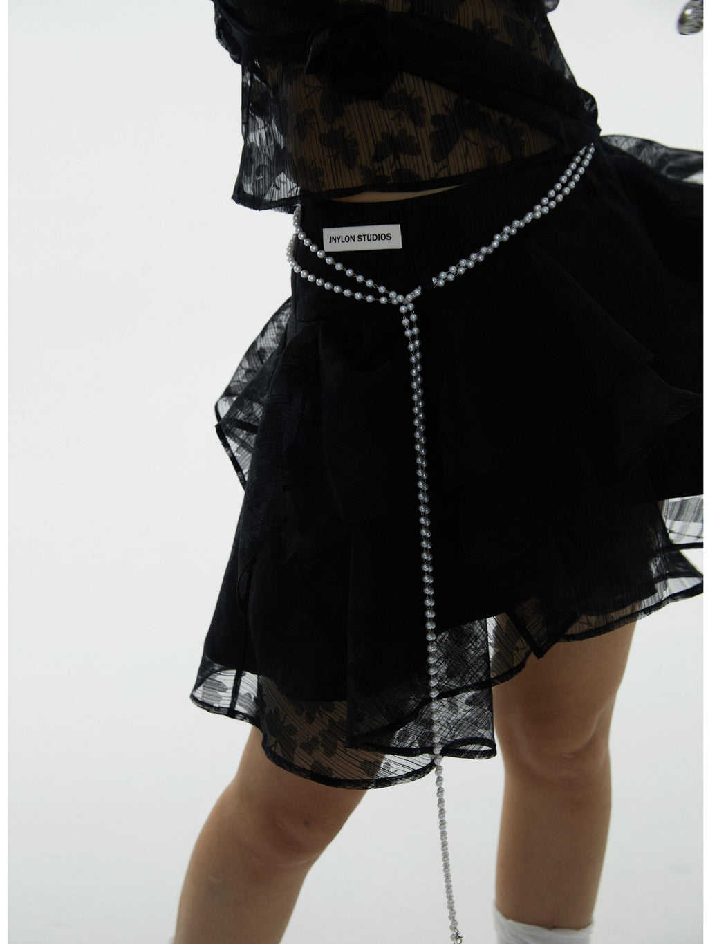 Jnylon studios 3d Night Rose Jacquard Ruffle A Line Women's Black Mini Skirts