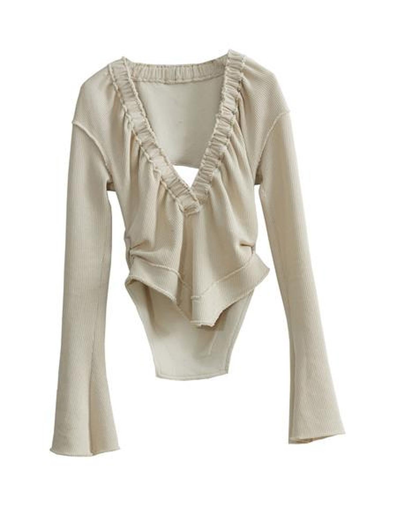 Jnylon studios Apricot Frayed Edge Splice Deep V Women's Knit Long Sleeve T-shirts