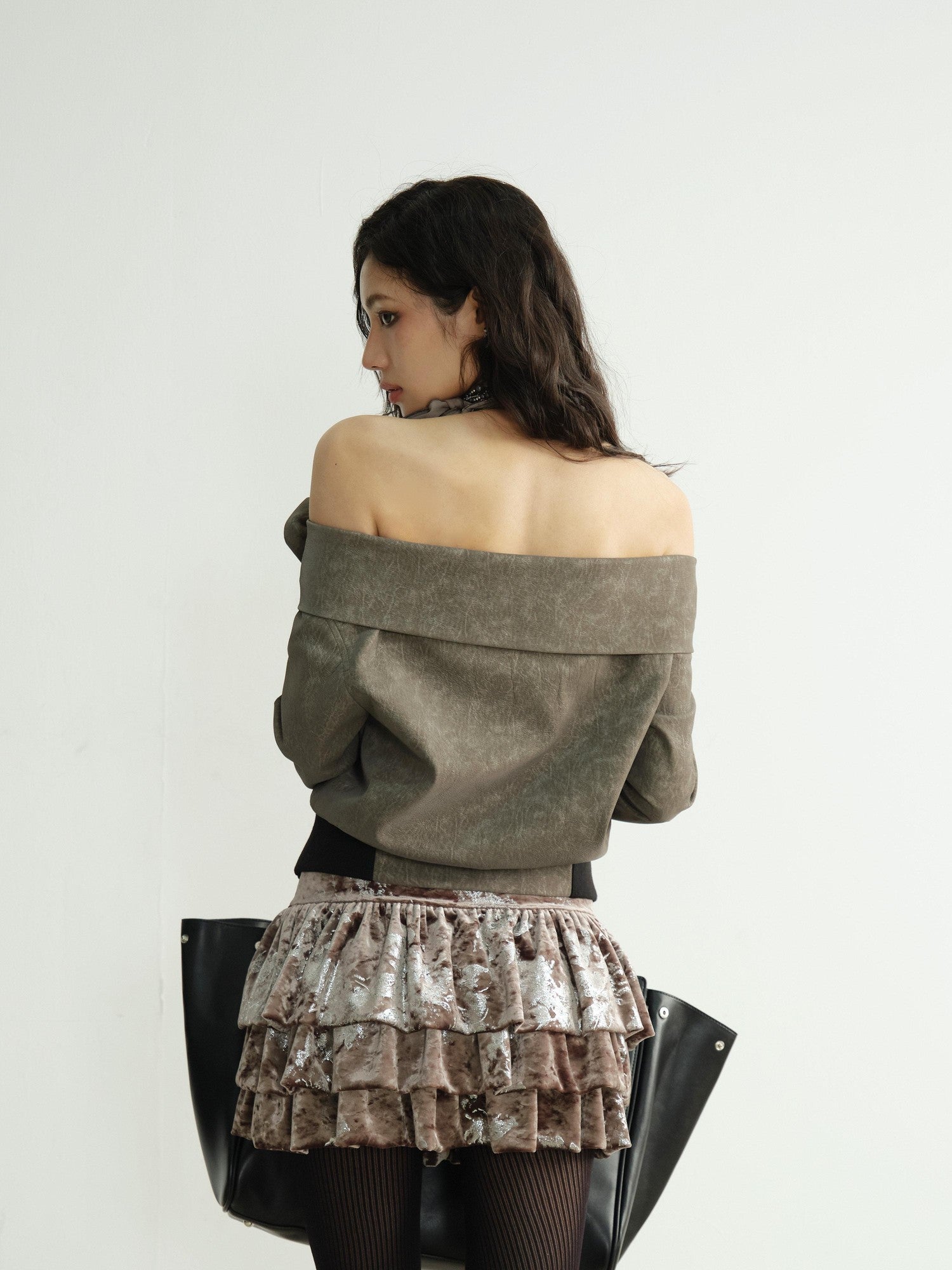 Jnylon studios Apricot Silver Foil Floral Lace Up Backless Women's Velvet Mini Skirts
