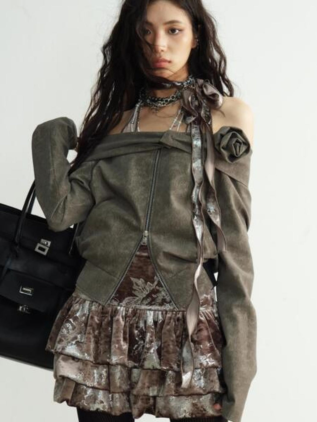 Jnylon studios Apricot Silver Foil Floral Lace Up Backless Women's Velvet Mini Skirts