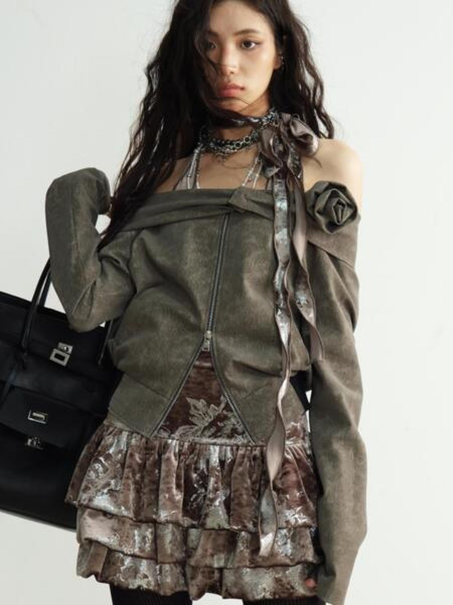 Jnylon studios Apricot Silver Foil Floral Lace Up Backless Women's Velvet Mini Skirts