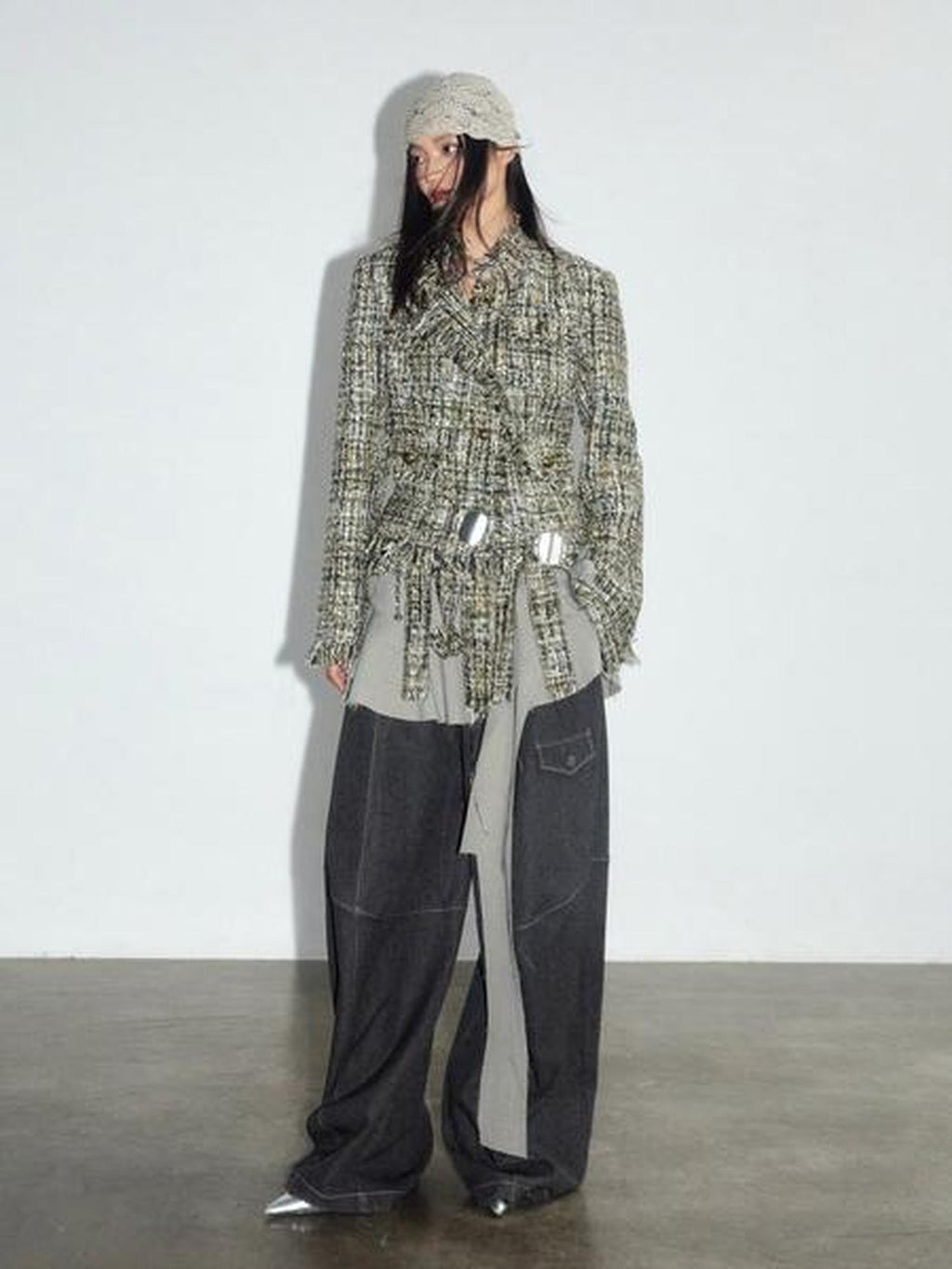 Jnylon studios Apricot Tassel Raw Edge Distressed Stand Collar Women's Tweed Jackets