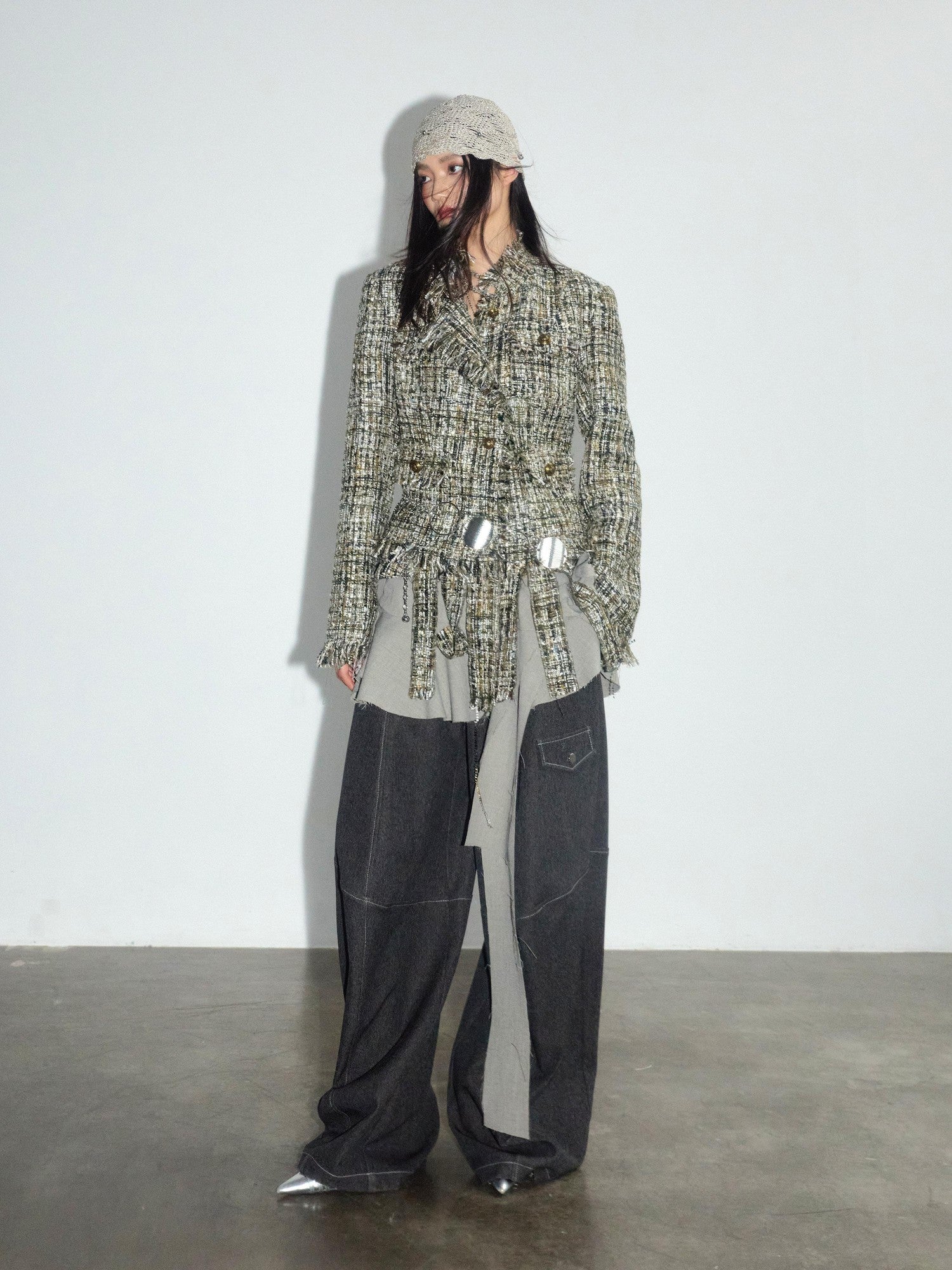 Jnylon studios Apricot Tassel Raw Edge Distressed Stand Collar Women's Tweed Jackets