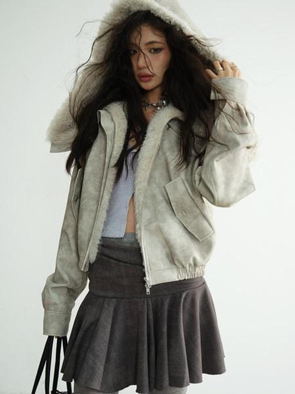 Jnylon studios Apricot Vintage Oversized Fur Collar Hooded Padded Women's Pu Leather Jackets