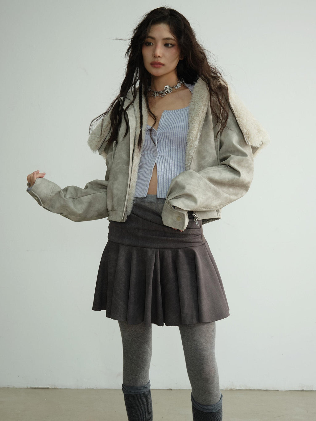Jnylon studios Apricot Vintage Oversized Fur Collar Hooded Padded Women's Pu Leather Jackets