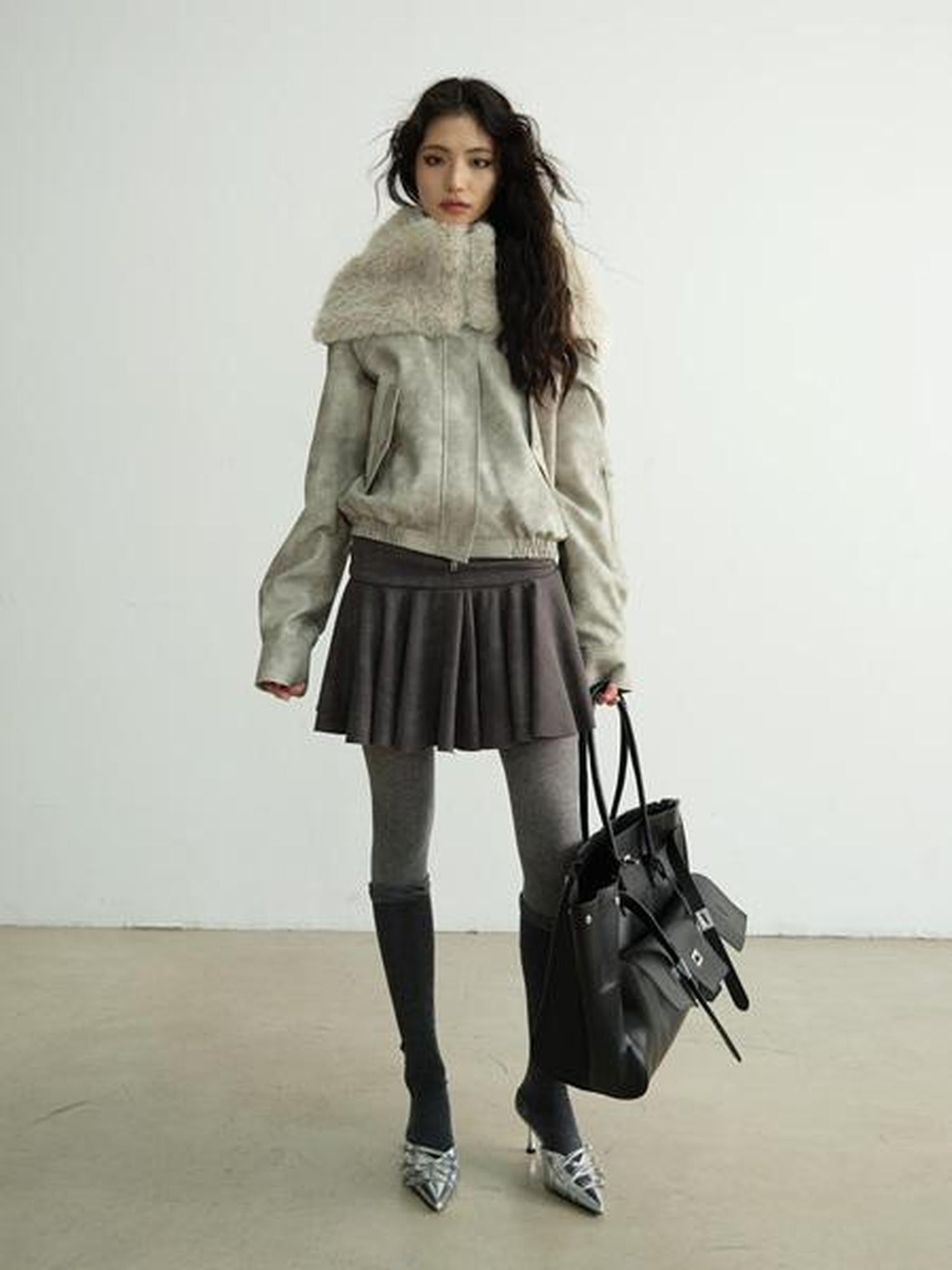 Jnylon studios Apricot Vintage Oversized Fur Collar Hooded Padded Women's Pu Leather Jackets