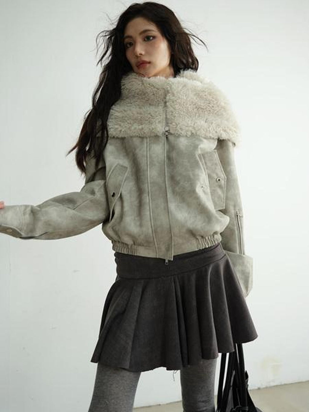 Jnylon studios Apricot Vintage Oversized Fur Collar Hooded Padded Women's Pu Leather Jackets