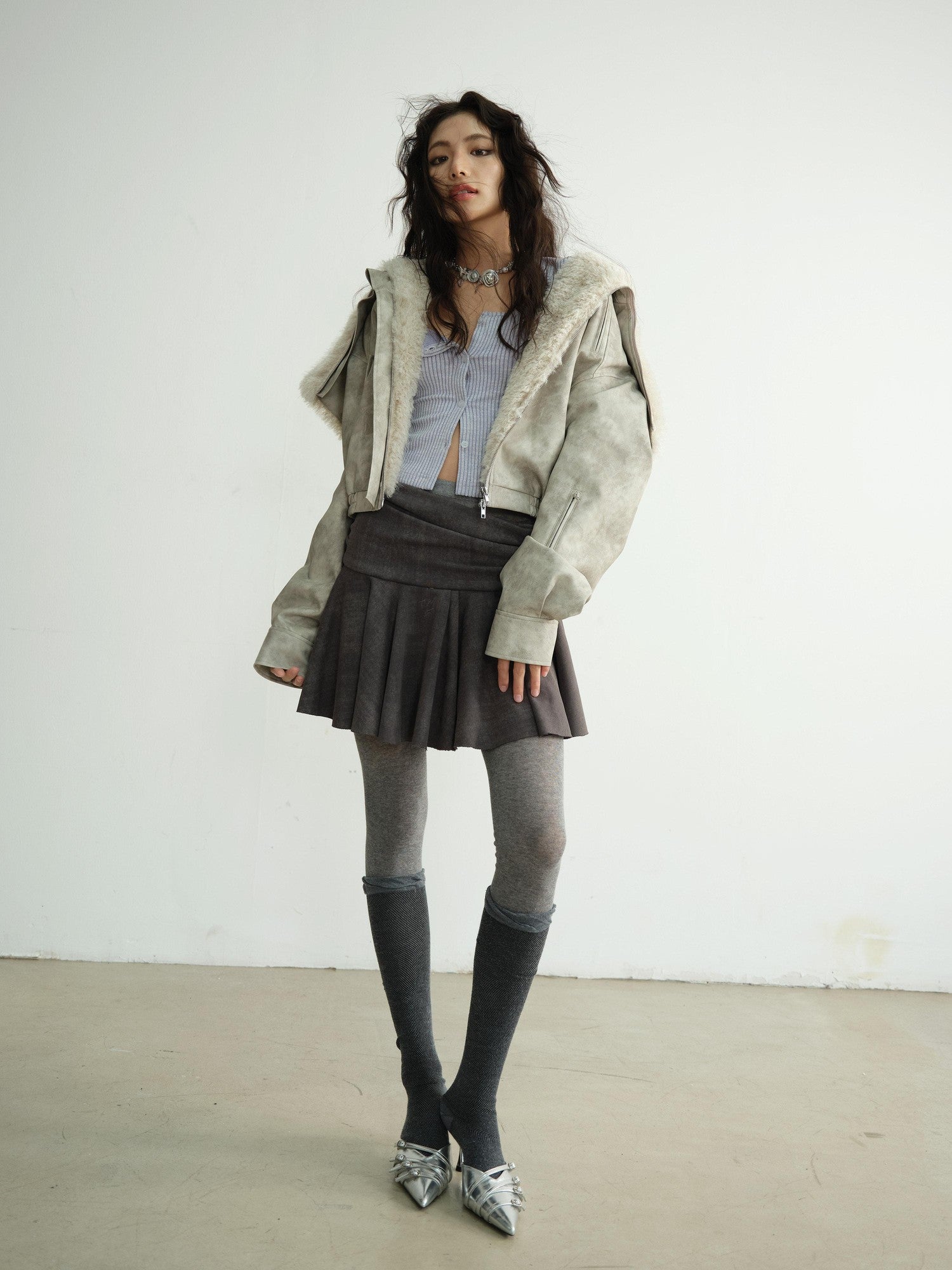 Jnylon studios Apricot Vintage Oversized Fur Collar Hooded Padded Women's Pu Leather Jackets