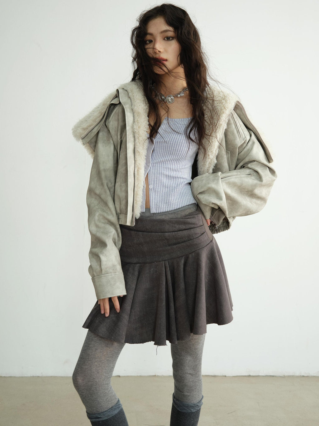 Jnylon studios Apricot Vintage Oversized Fur Collar Hooded Padded Women's Pu Leather Jackets