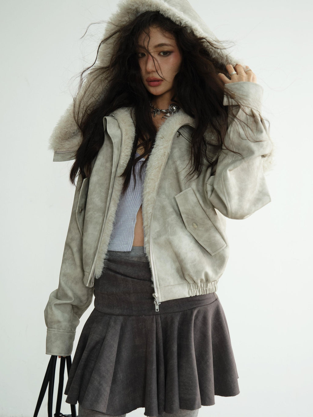 Jnylon studios Apricot Vintage Oversized Fur Collar Hooded Padded Women's Pu Leather Jackets