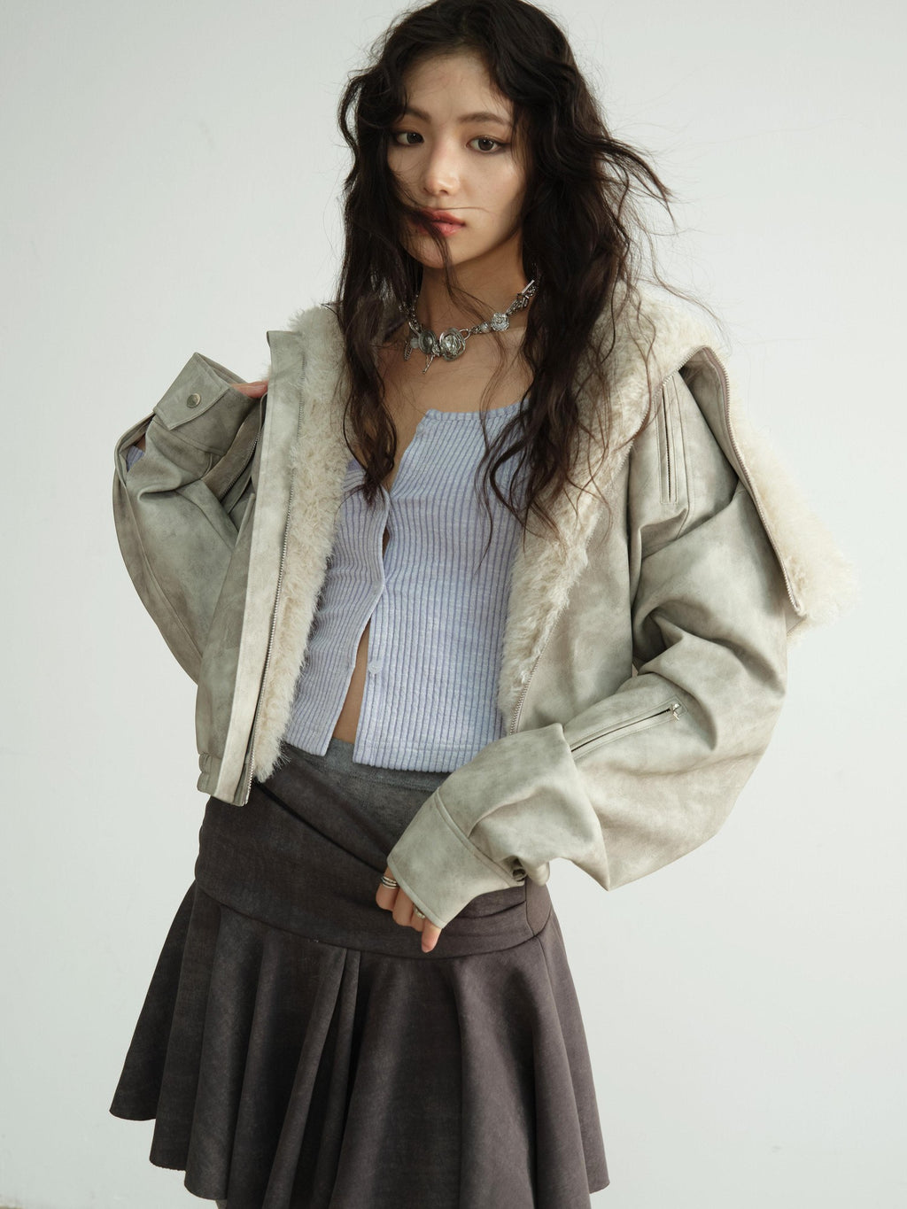 Jnylon studios Apricot Vintage Oversized Fur Collar Hooded Padded Women's Pu Leather Jackets
