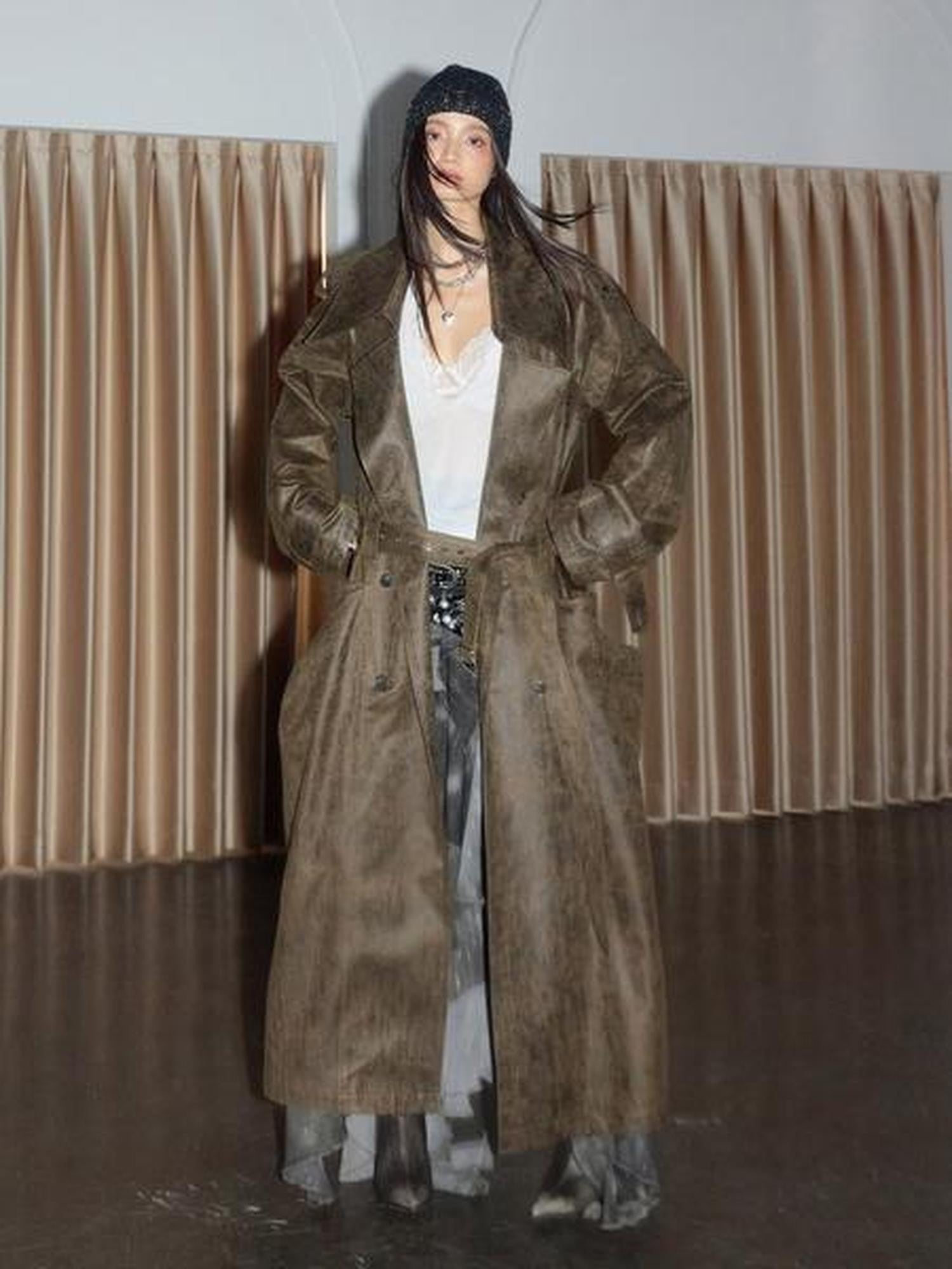 Jnylon studios Army Green Distressed 3d Large Pocket Rocker Women's Pu Trench Coats
