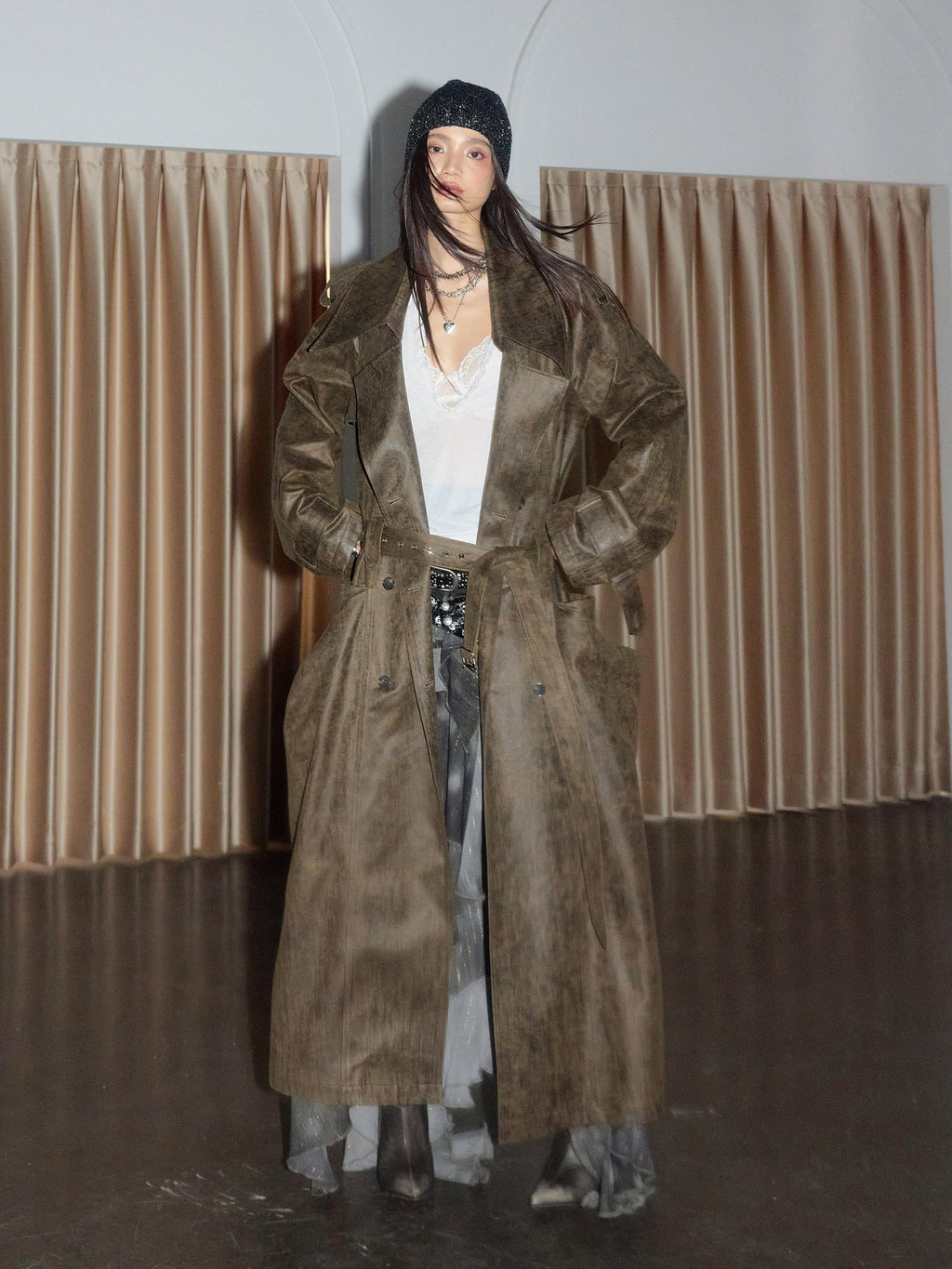 Jnylon studios Army Green Distressed 3d Large Pocket Rocker Women's Pu Trench Coats