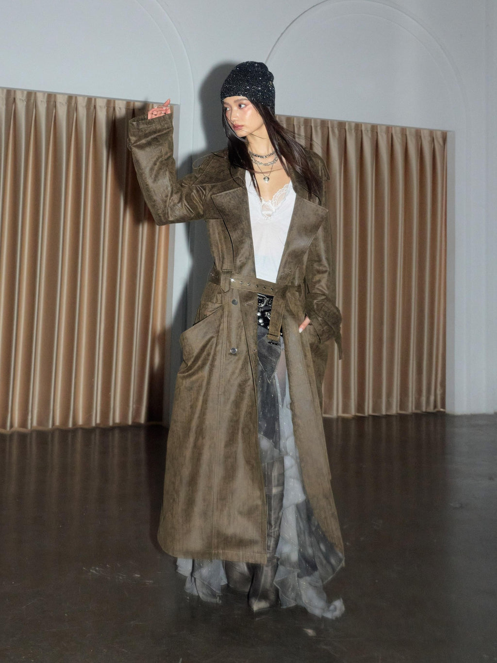 Jnylon studios Army Green Distressed 3d Large Pocket Rocker Women's Pu Trench Coats