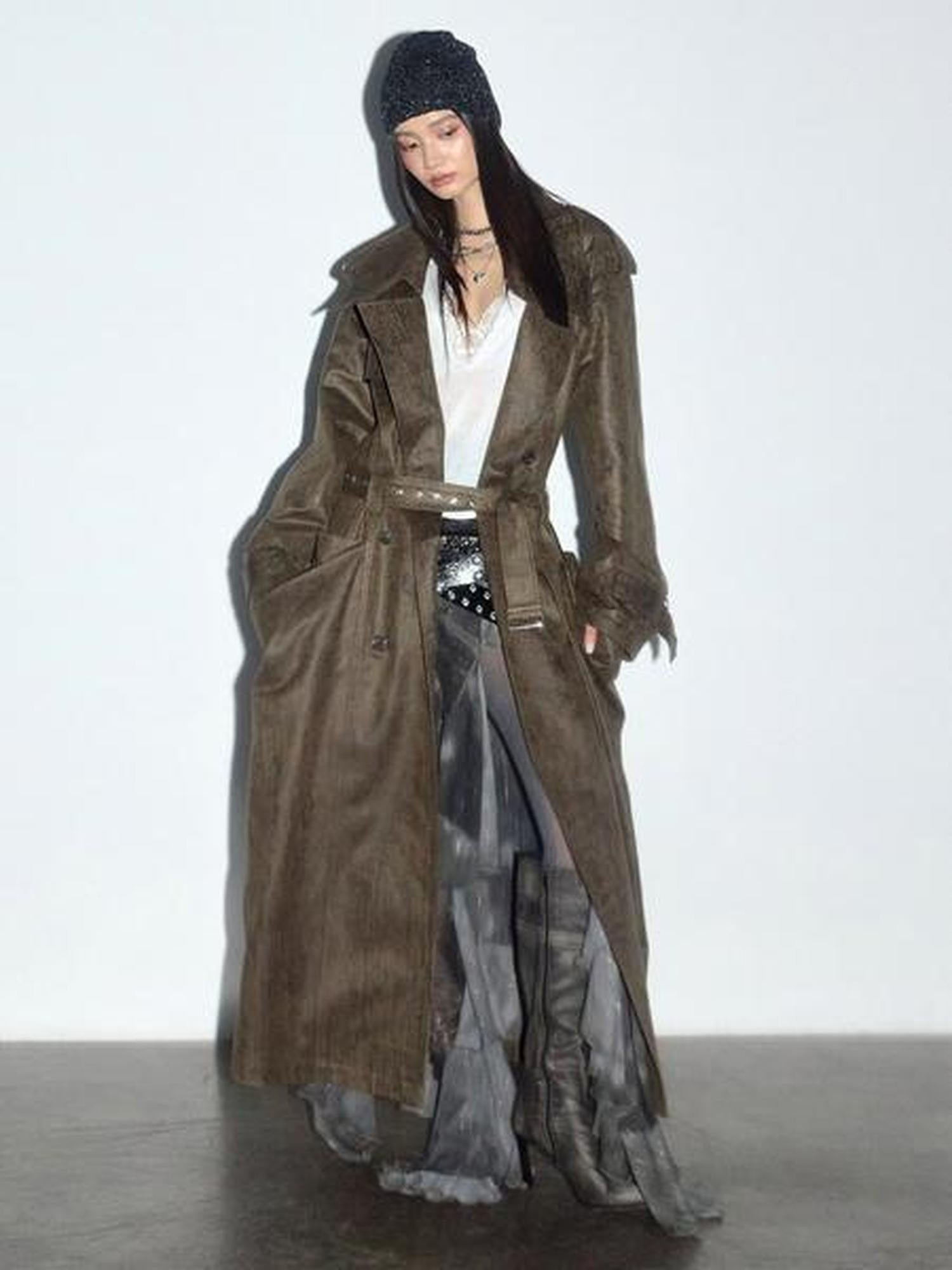 Jnylon studios Army Green Distressed 3d Large Pocket Rocker Women's Pu Trench Coats