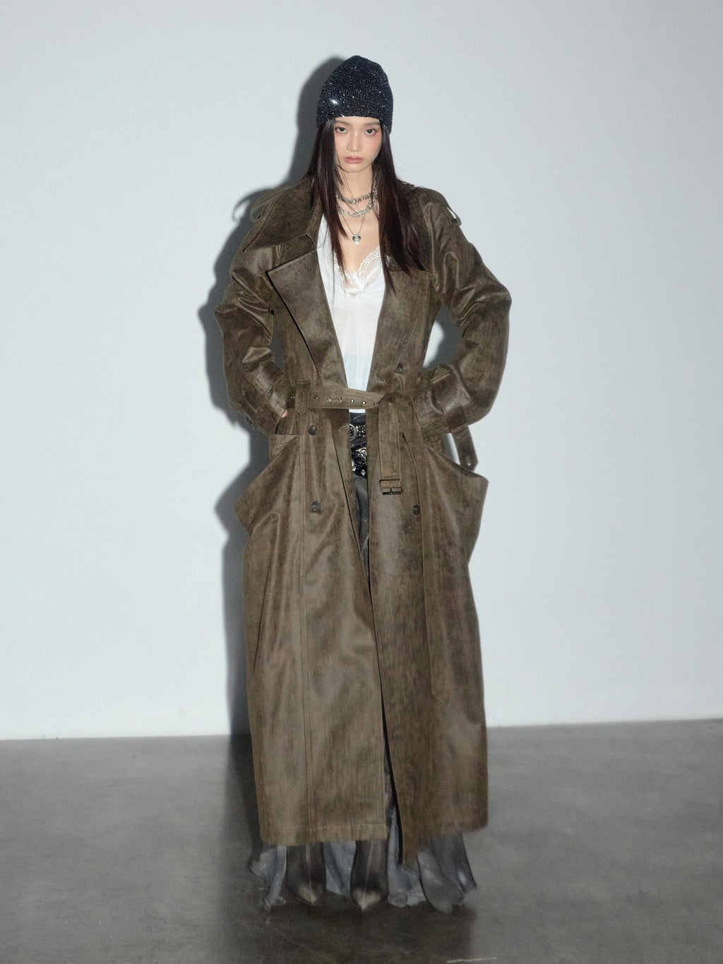 Jnylon studios Army Green Distressed 3d Large Pocket Rocker Women's Pu Trench Coats