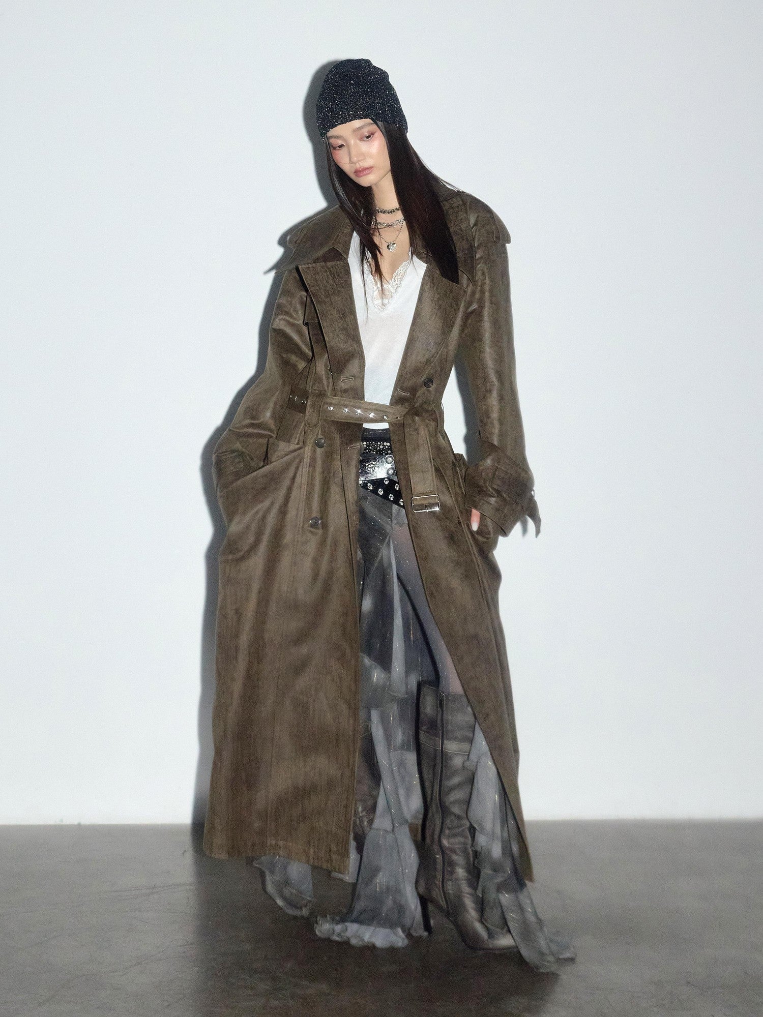 Jnylon studios Army Green Distressed 3d Large Pocket Rocker Women's Pu Trench Coats