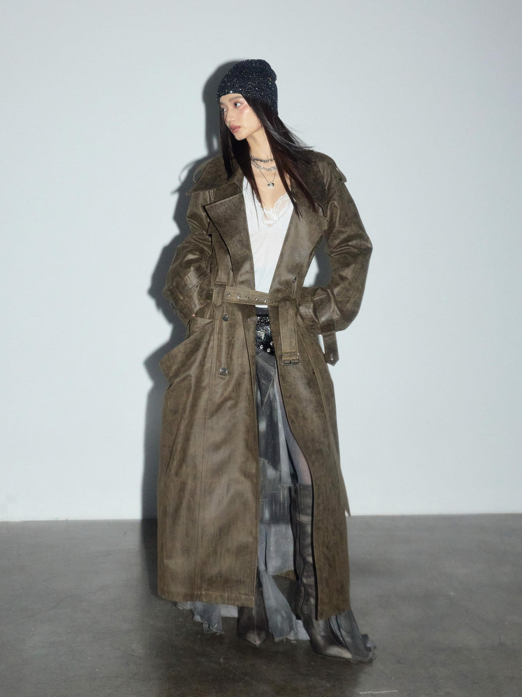 Jnylon studios Army Green Distressed 3d Large Pocket Rocker Women's Pu Trench Coats