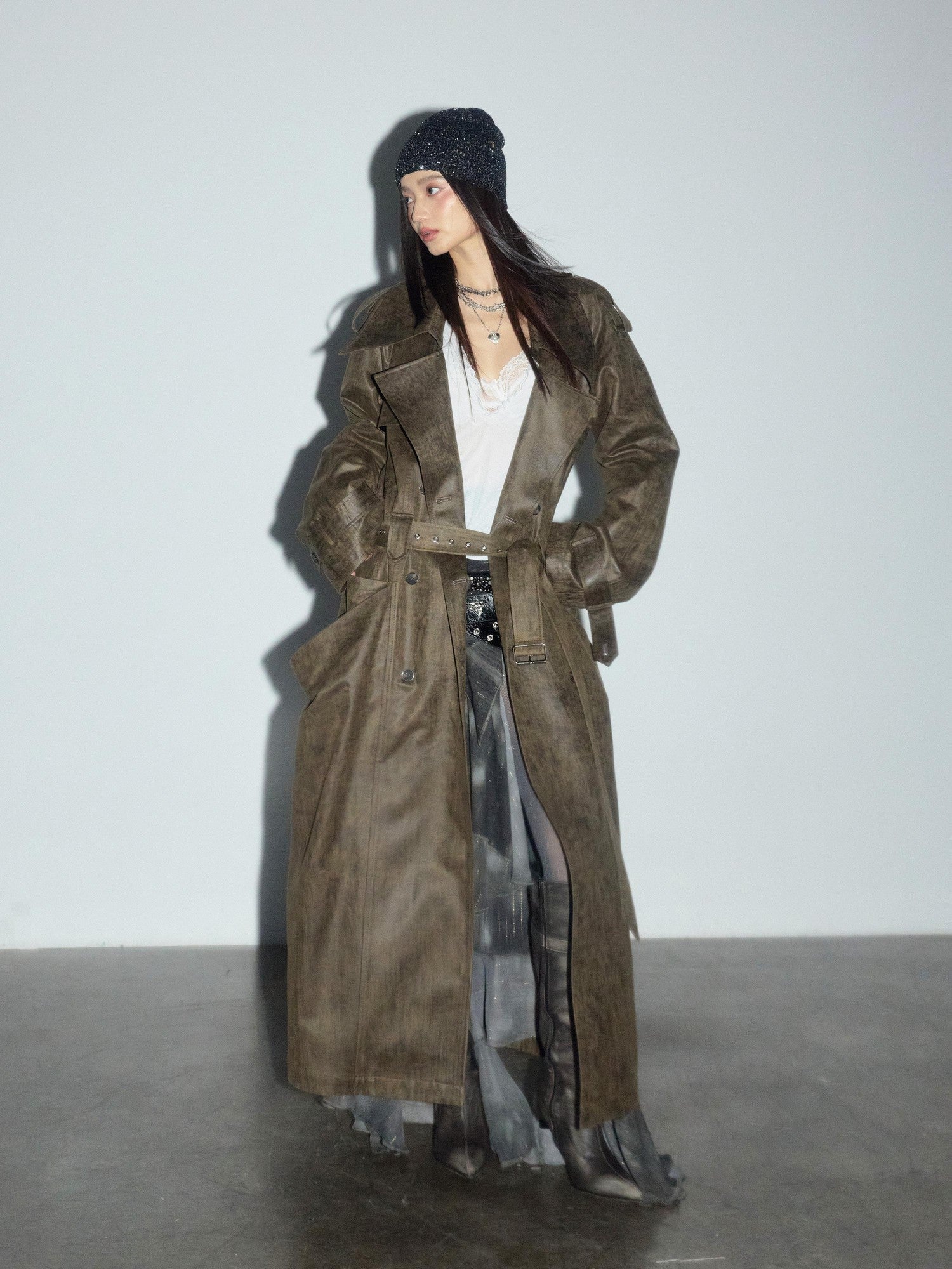 Jnylon studios Army Green Distressed 3d Large Pocket Rocker Women's Pu Trench Coats