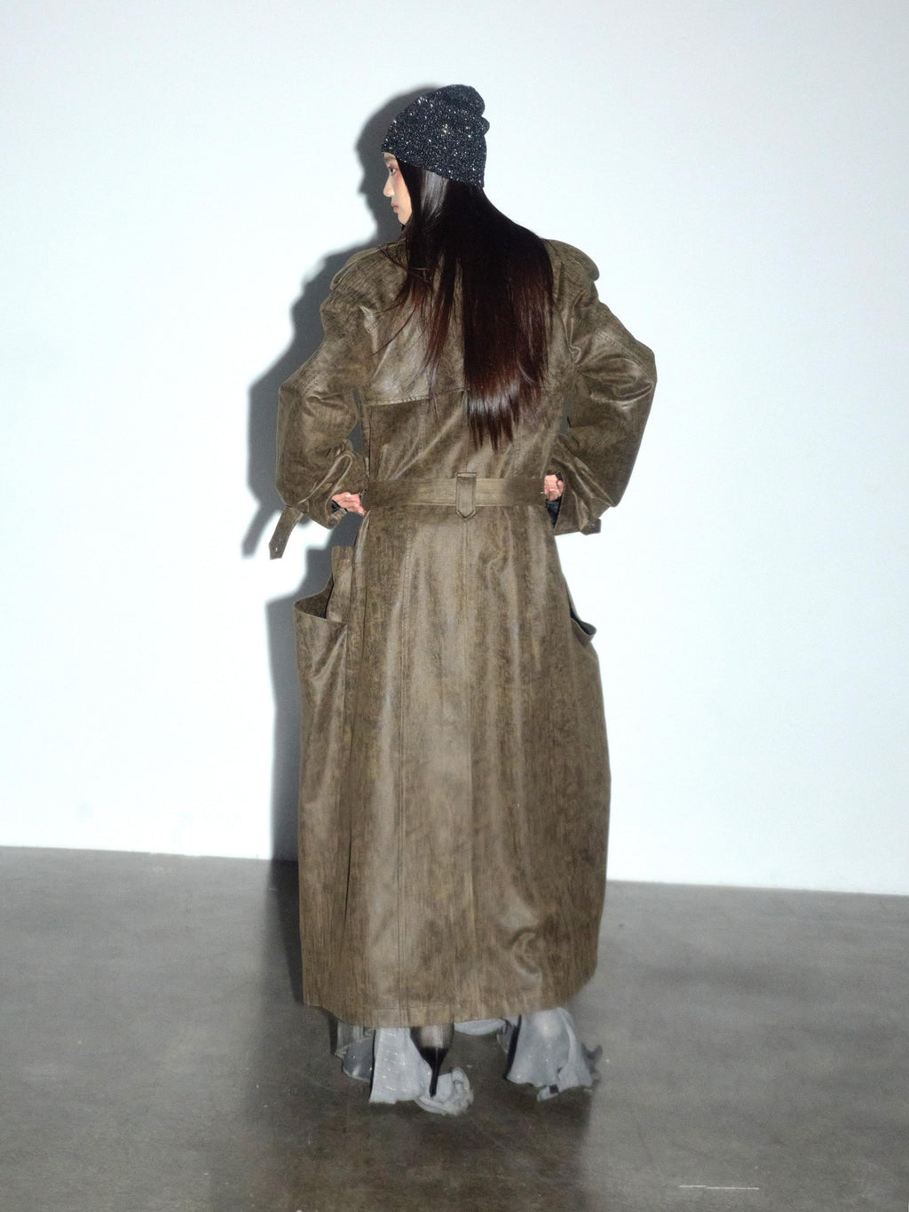 Jnylon studios Army Green Distressed 3d Large Pocket Rocker Women's Pu Trench Coats