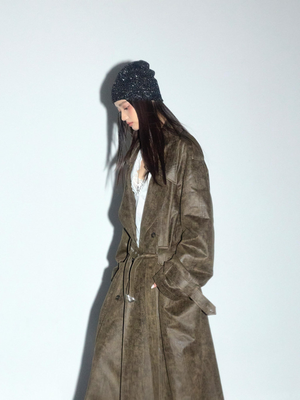 Jnylon studios Army Green Distressed 3d Large Pocket Rocker Women's Pu Trench Coats