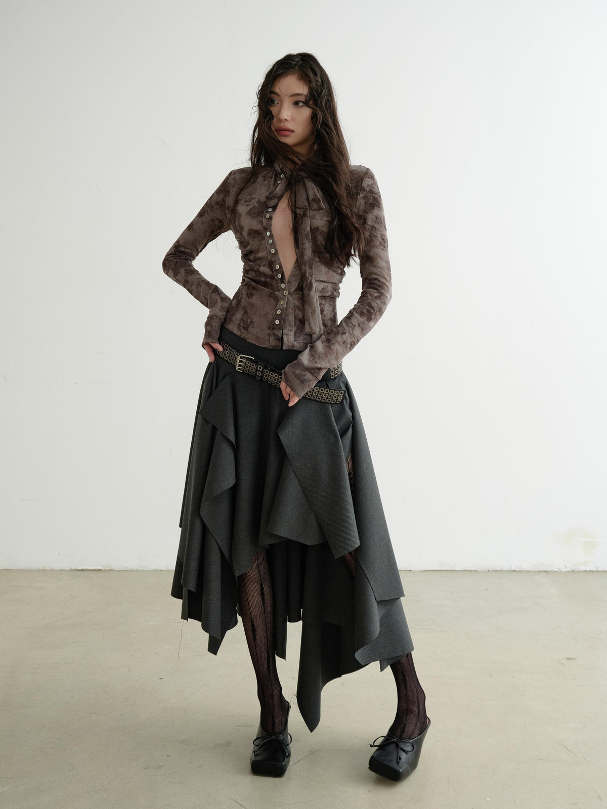 Jnylon studios Asymmetric Slit Dark Punk Rock Women's Polyester Midi Skirts