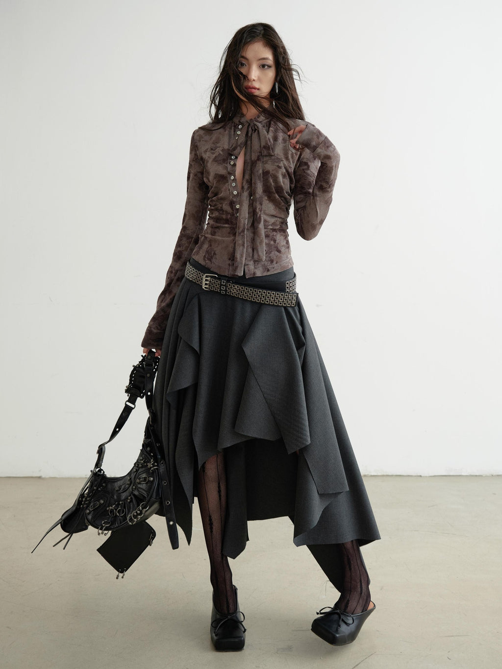 Jnylon studios Asymmetric Slit Dark Punk Rock Women's Polyester Midi Skirts