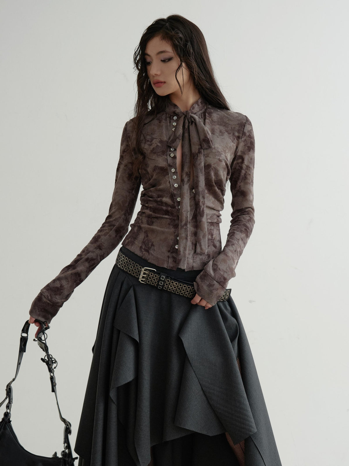 Jnylon studios Asymmetric Slit Dark Punk Rock Women's Polyester Midi Skirts