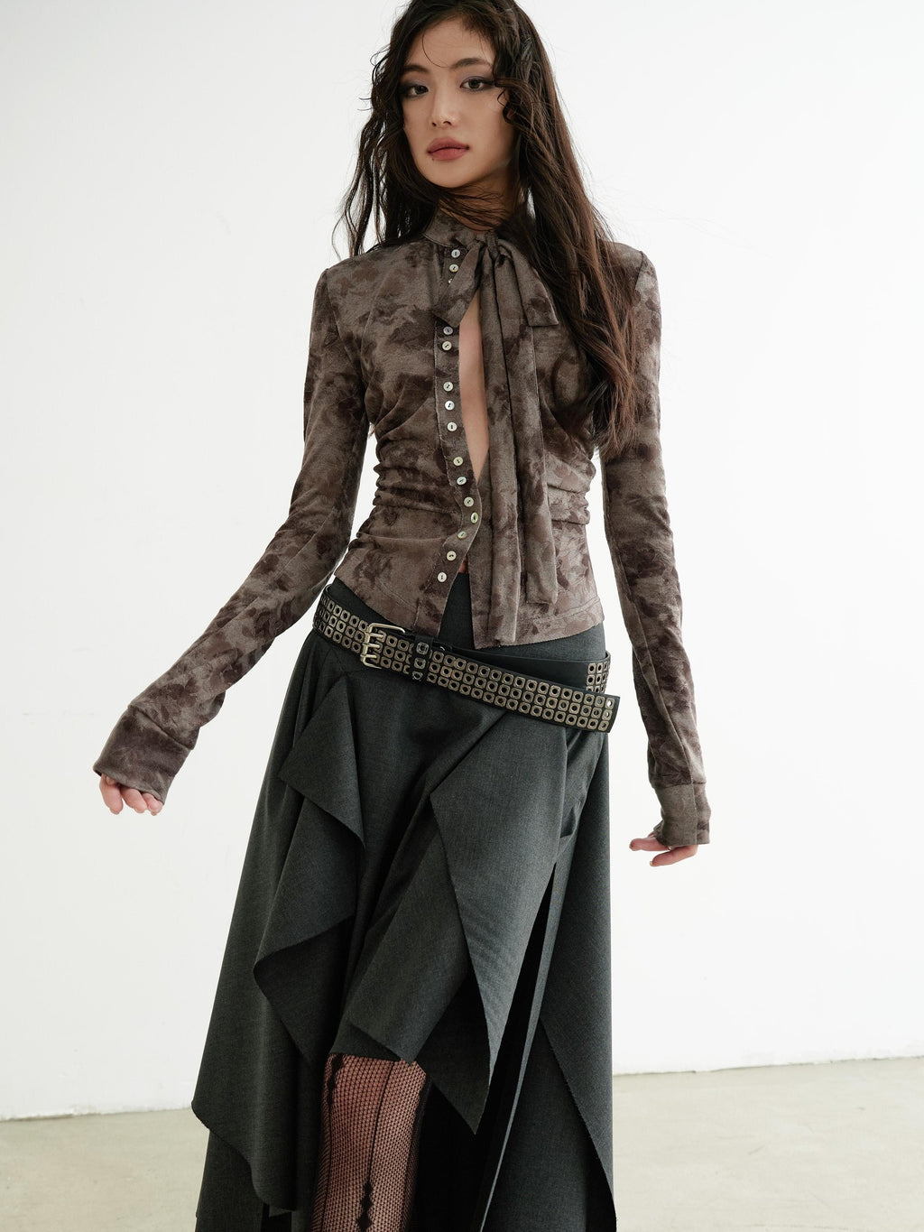 Jnylon studios Asymmetric Slit Dark Punk Rock Women's Polyester Midi Skirts