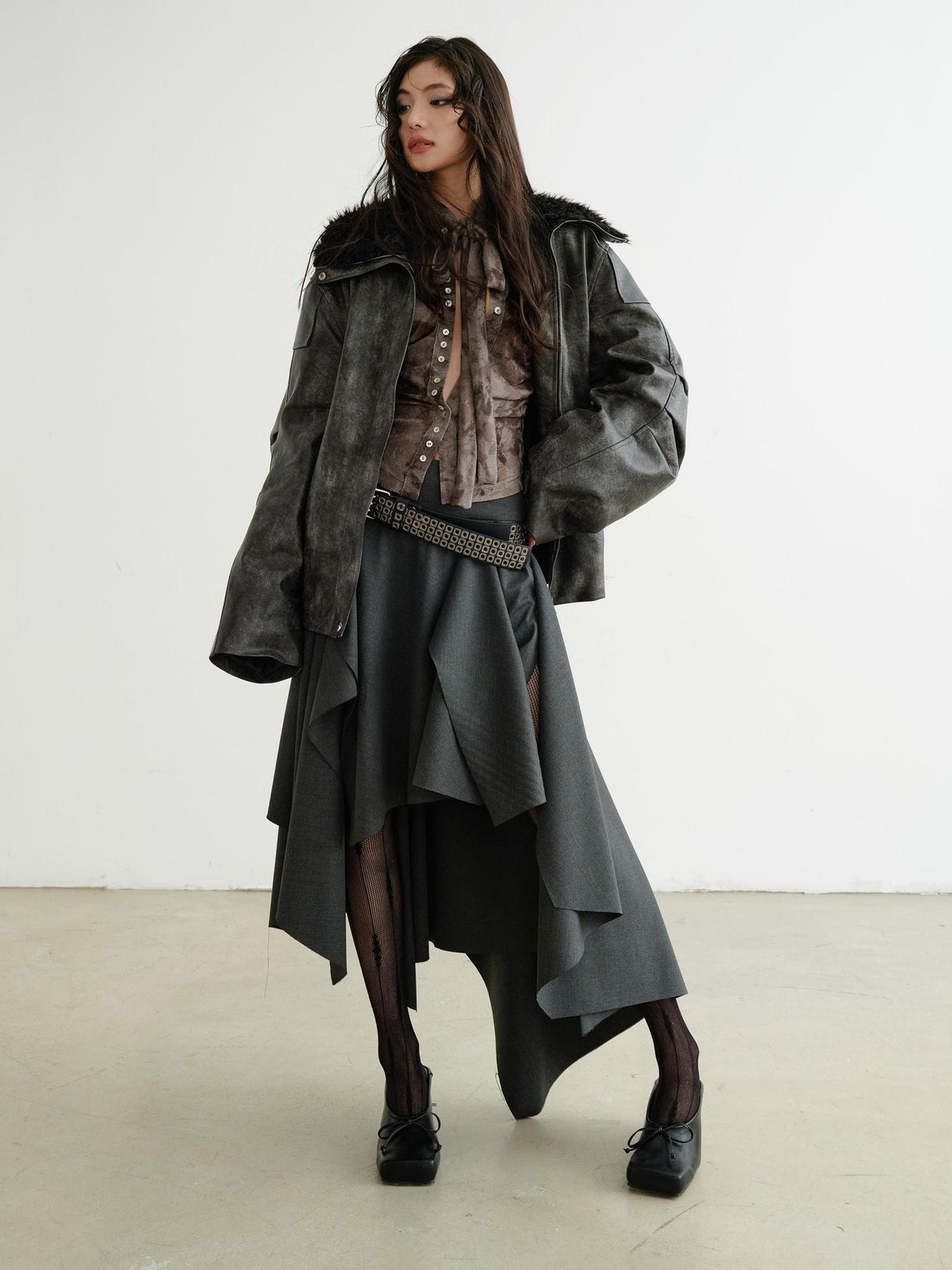Jnylon studios Asymmetric Slit Dark Punk Rock Women's Polyester Midi Skirts