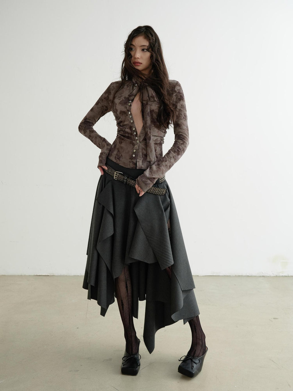 Jnylon studios Asymmetric Slit Dark Punk Rock Women's Polyester Midi Skirts