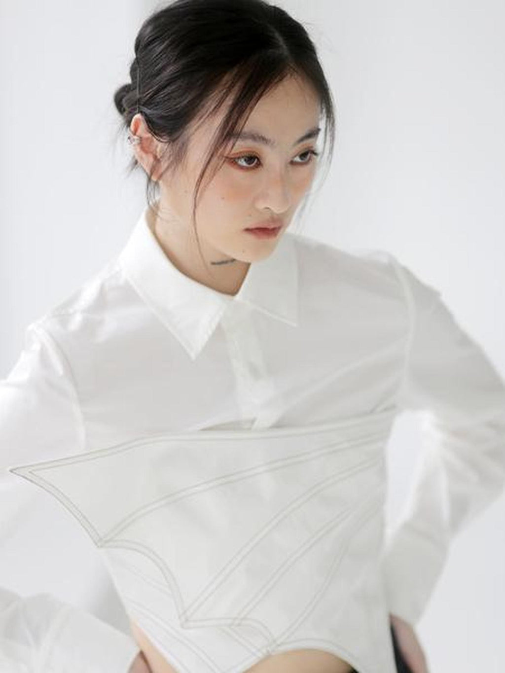 Jnylon studios Asymmetric Splice Faux Two Piece Wrap Bust Women's Brocade Cotton Shirts