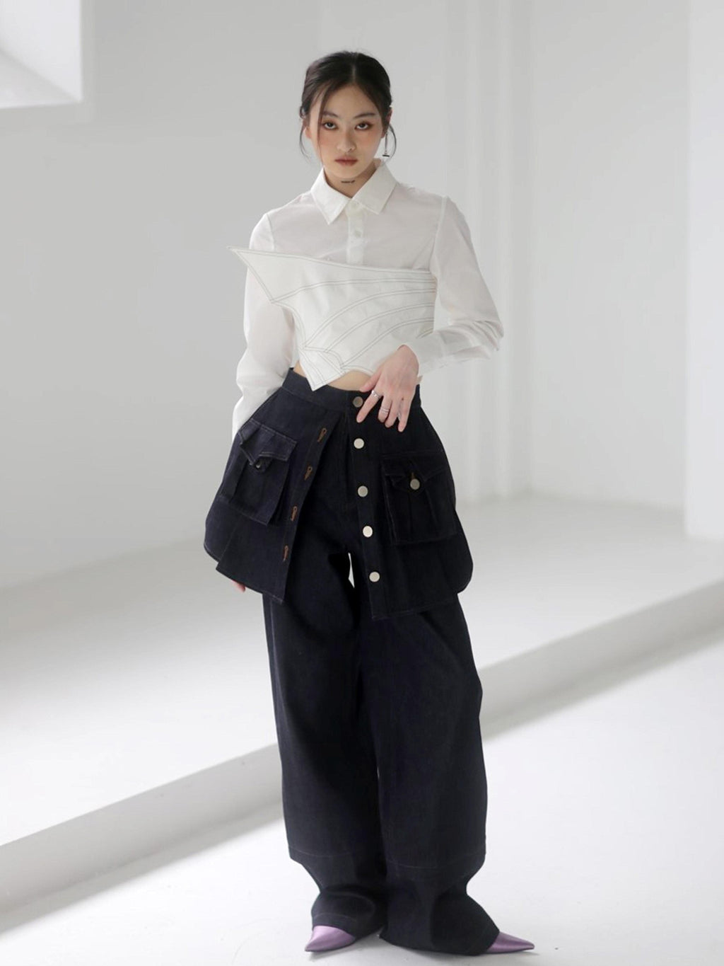 Jnylon studios Asymmetric Splice Faux Two Piece Wrap Bust Women's Brocade Cotton Shirts