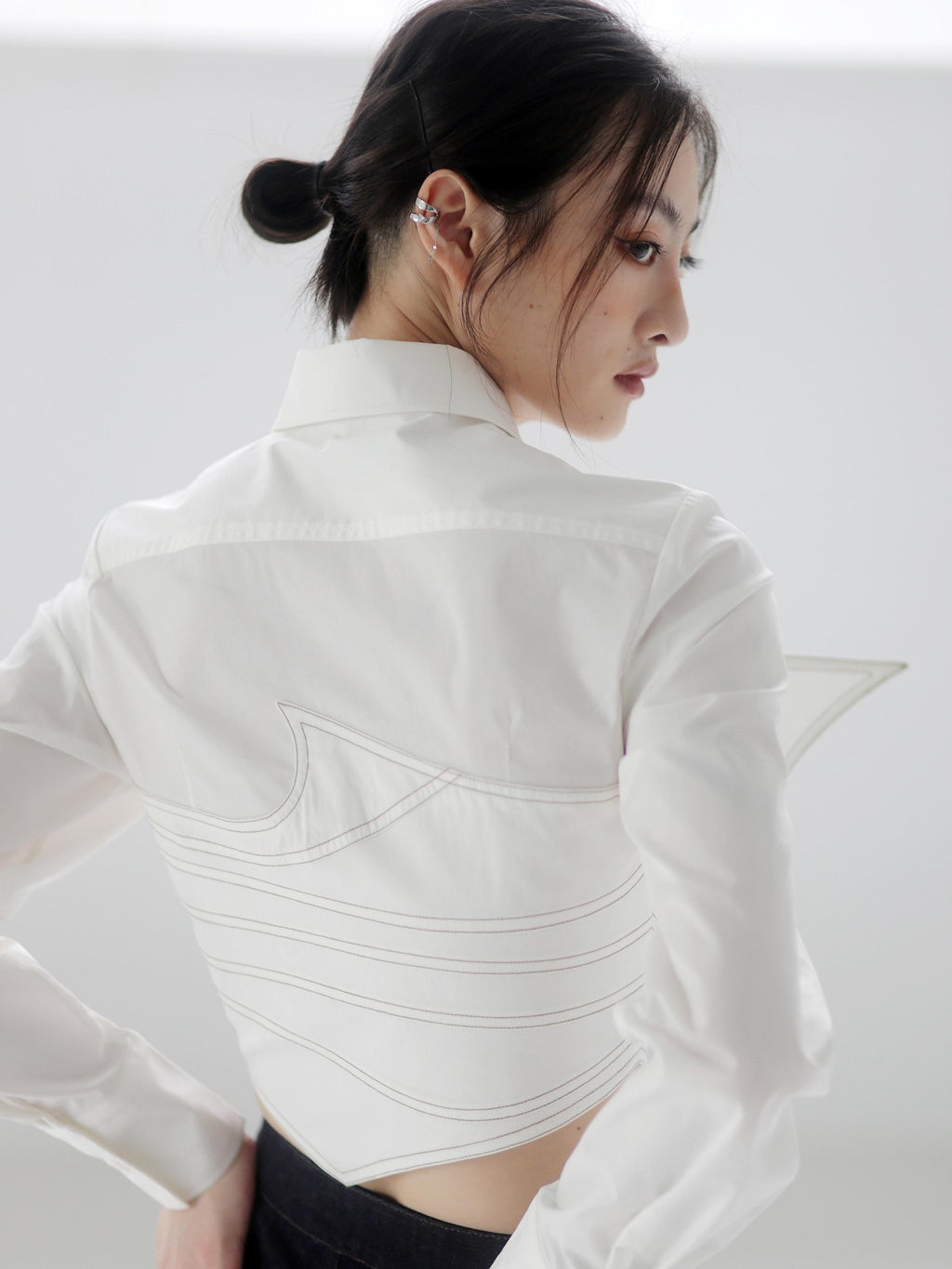 Jnylon studios Asymmetric Splice Faux Two Piece Wrap Bust Women's Brocade Cotton Shirts